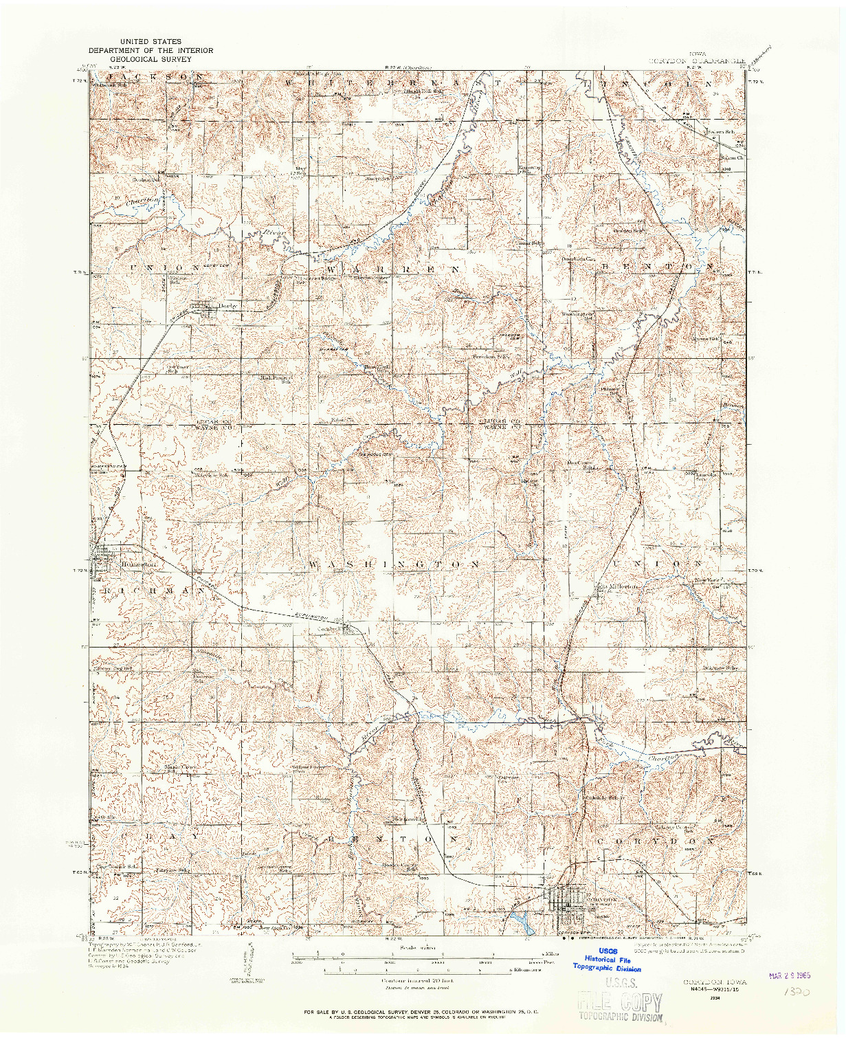 USGS 1:62500-SCALE QUADRANGLE FOR CORYDON, IA 1934