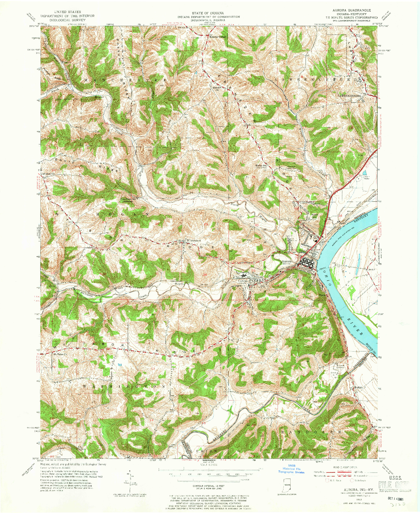 USGS 1:24000-SCALE QUADRANGLE FOR AURORA, IN 1953