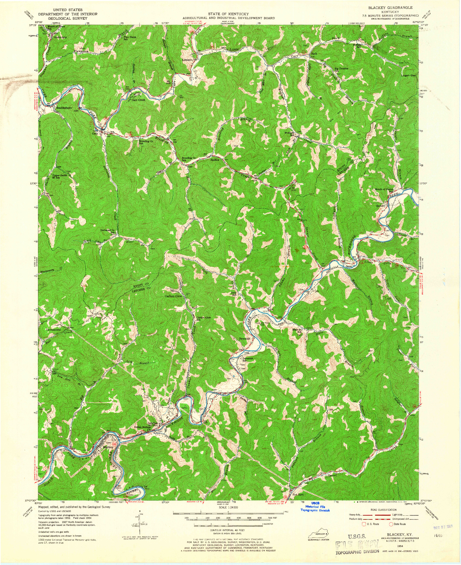 USGS 1:24000-SCALE QUADRANGLE FOR BLACKEY, KY 1954