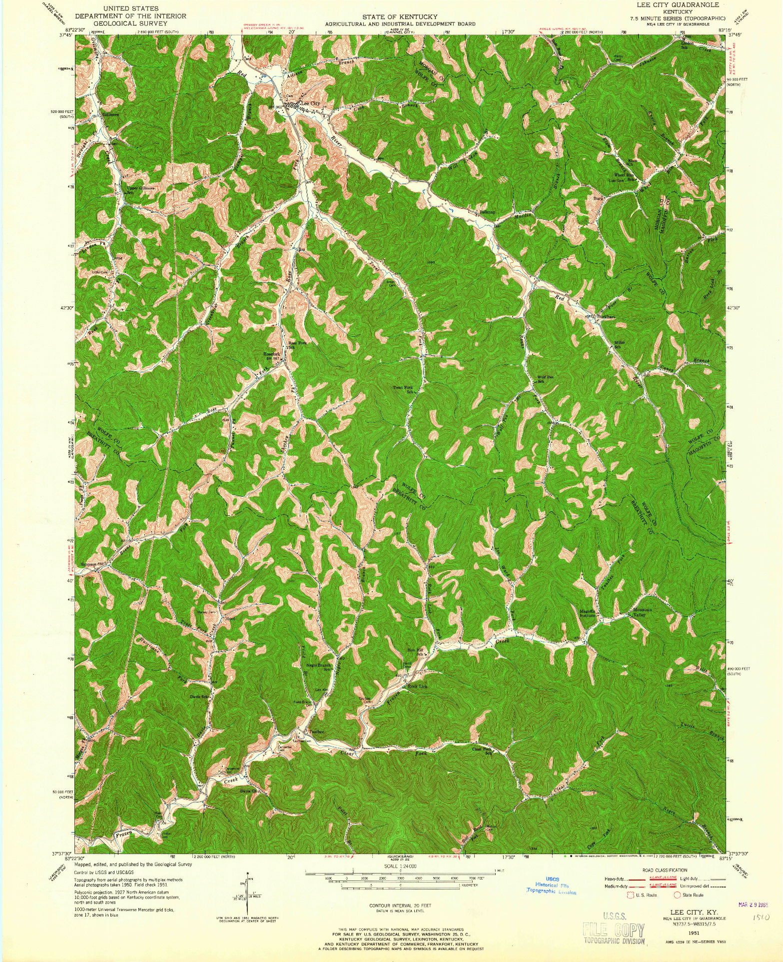 USGS 1:24000-SCALE QUADRANGLE FOR LEE CITY, KY 1951
