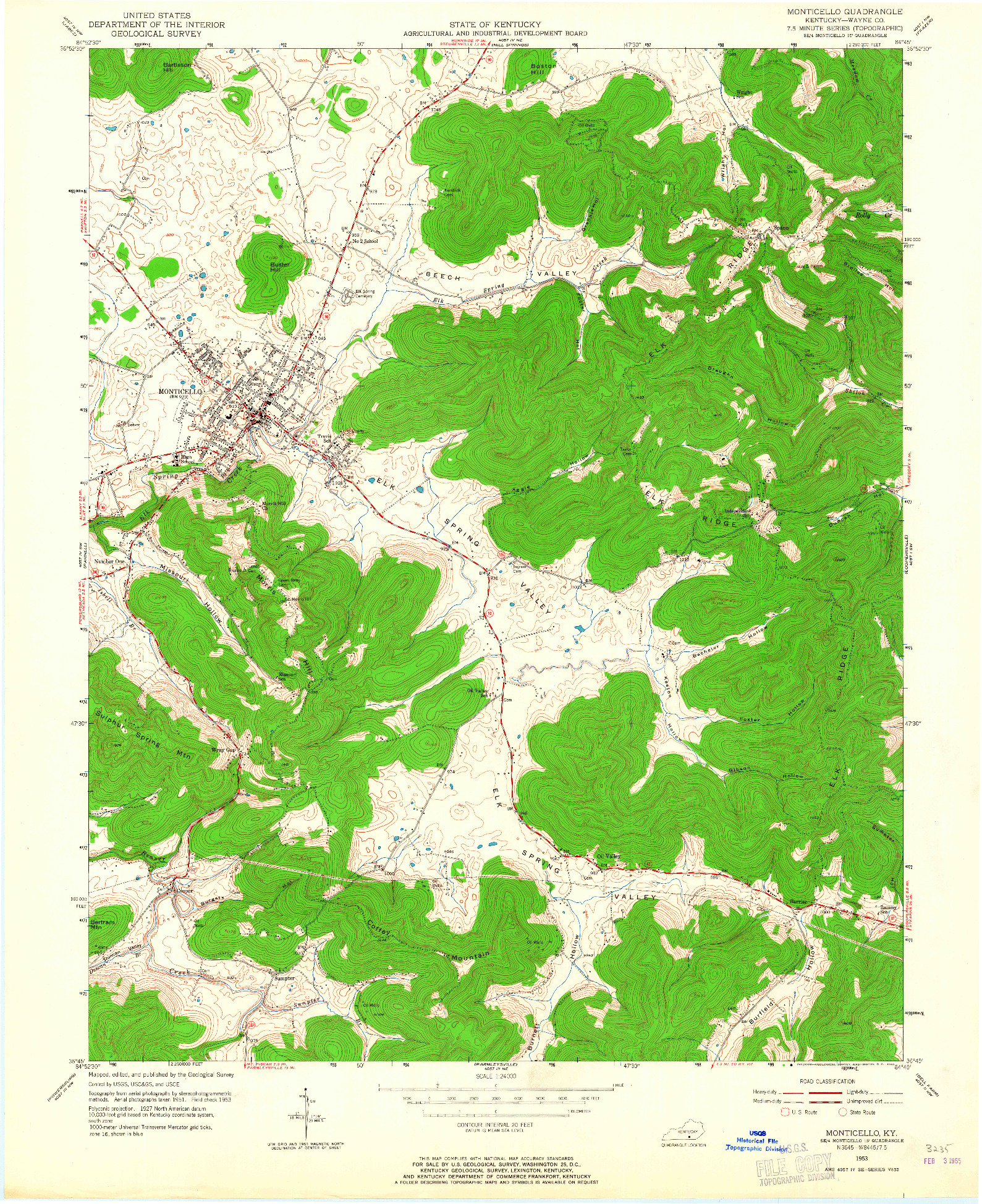 USGS 1:24000-SCALE QUADRANGLE FOR MONTICELLO, KY 1953