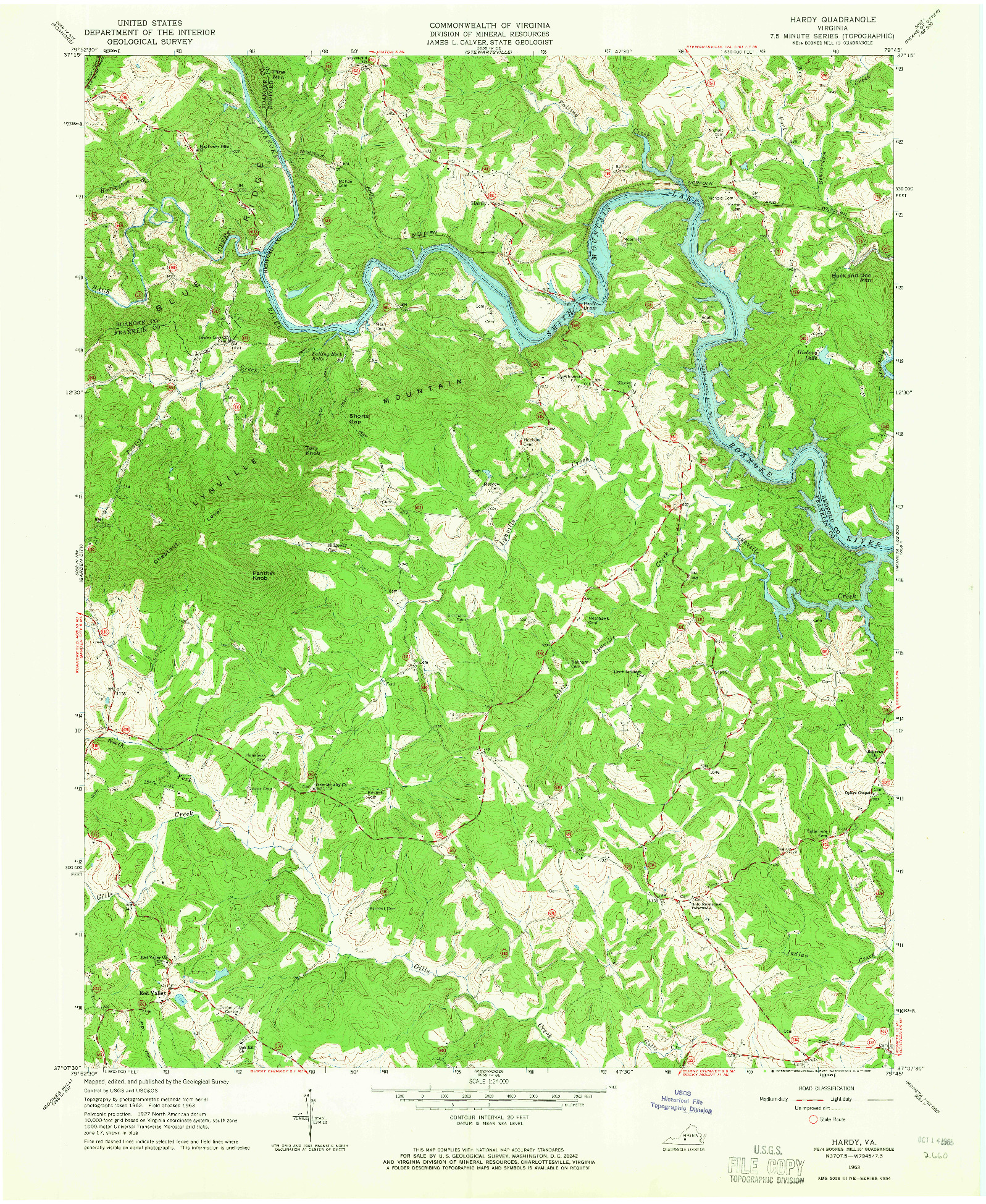 USGS 1:24000-SCALE QUADRANGLE FOR HARDY, VA 1963