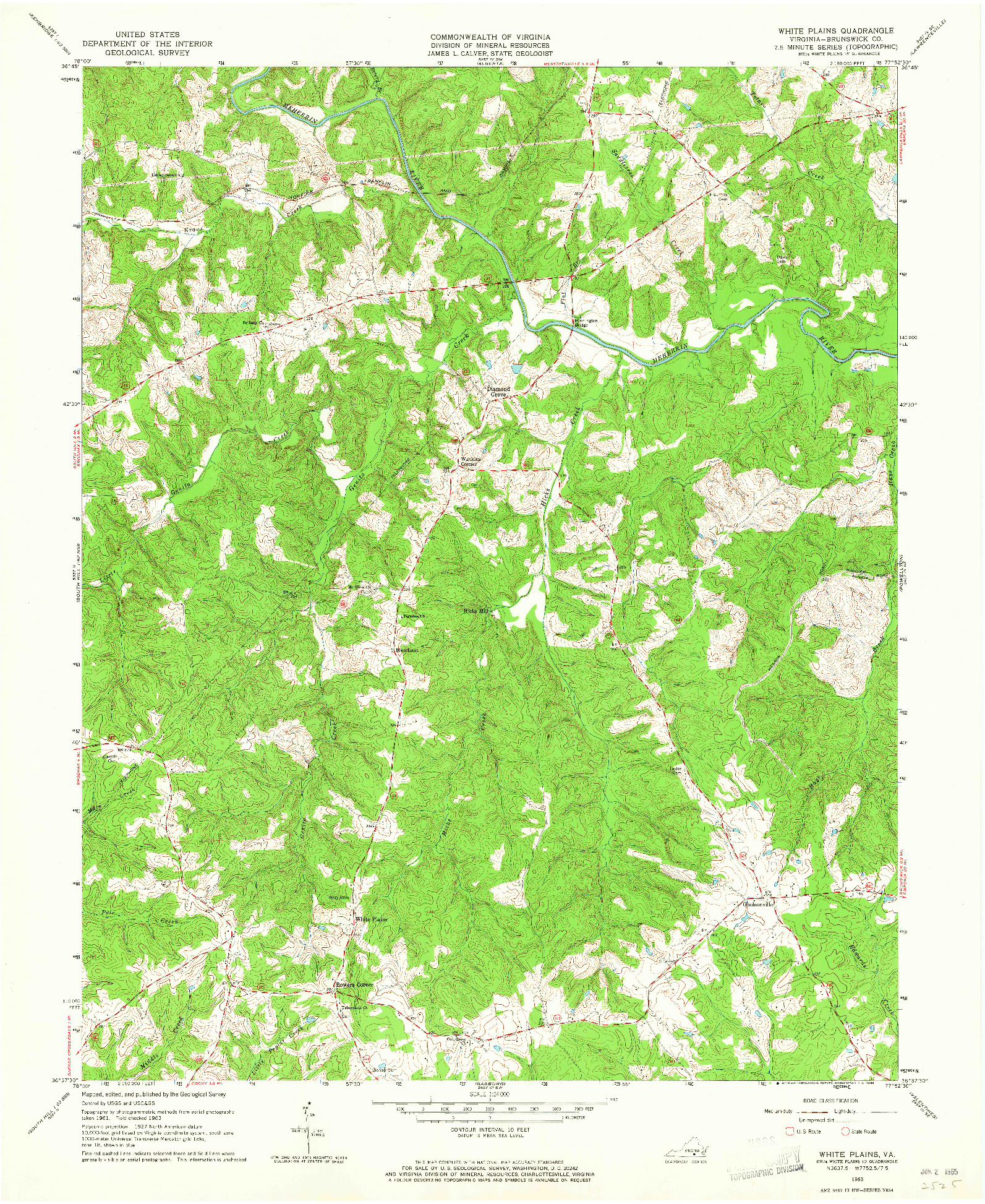 USGS 1:24000-SCALE QUADRANGLE FOR WHITE PLAINS, VA 1963