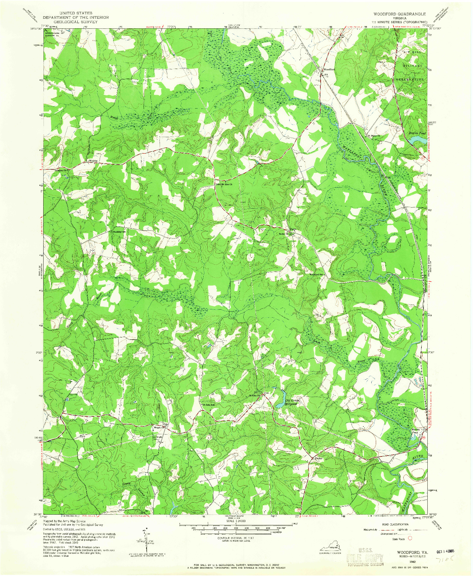 USGS 1:24000-SCALE QUADRANGLE FOR WOODFORD, VA 1942