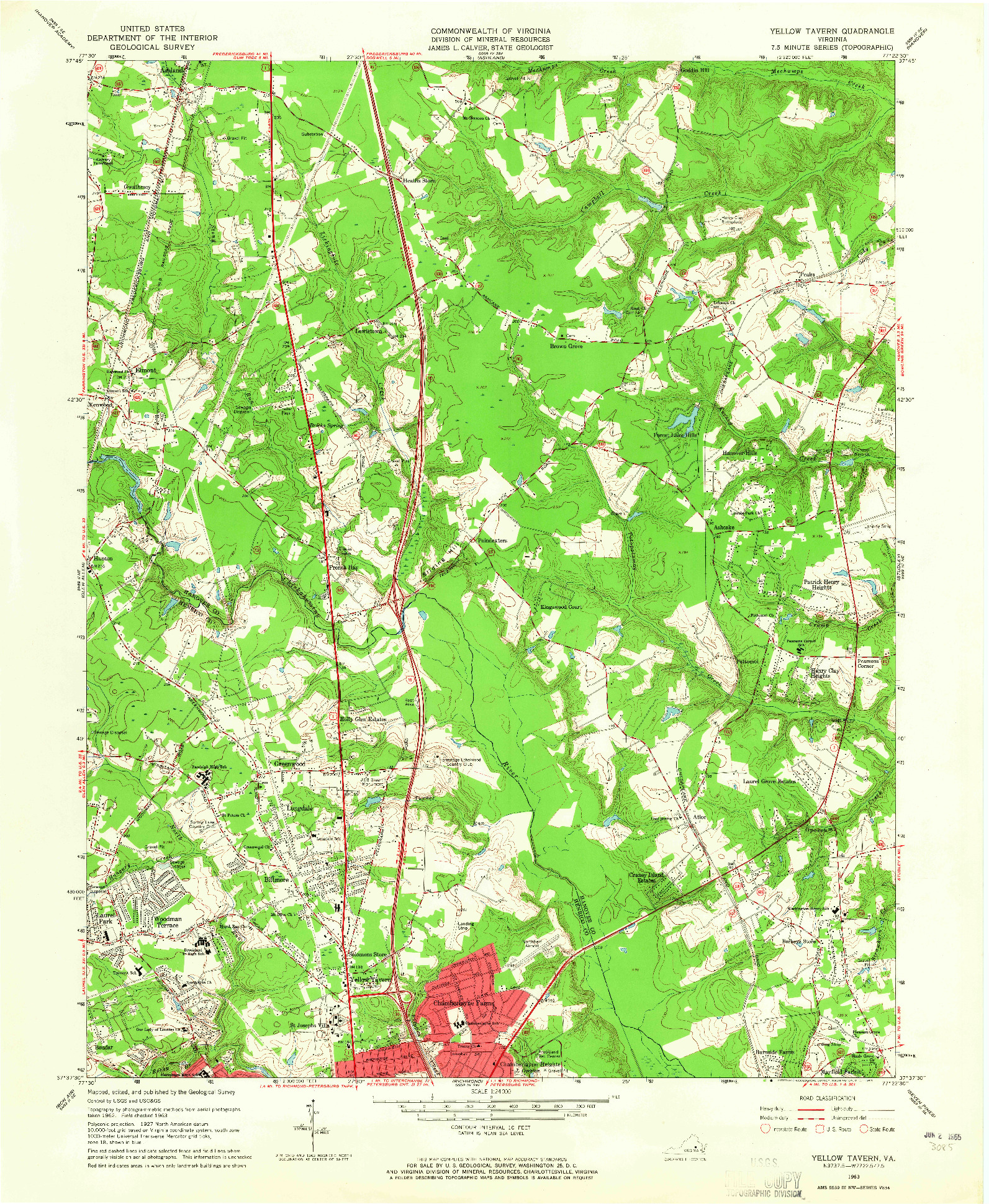 USGS 1:24000-SCALE QUADRANGLE FOR YELLOW TAVERN, VA 1963