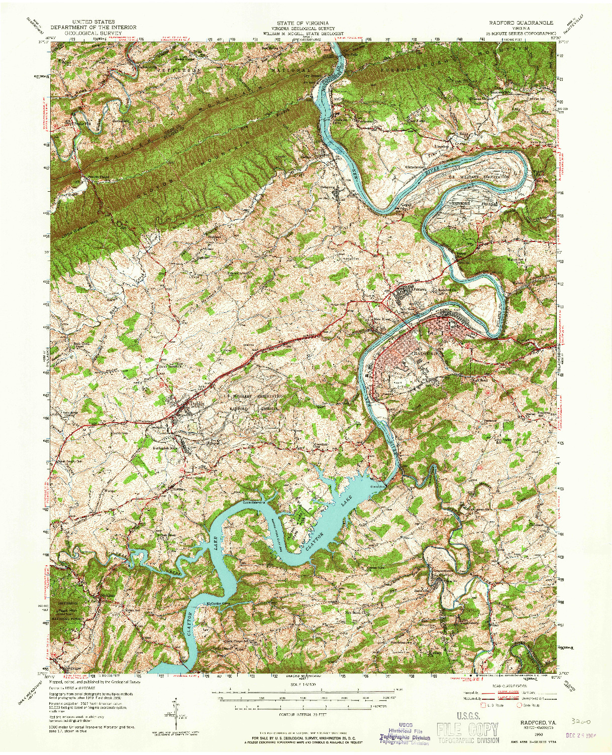 USGS 1:62500-SCALE QUADRANGLE FOR RADFORD, VA 1950