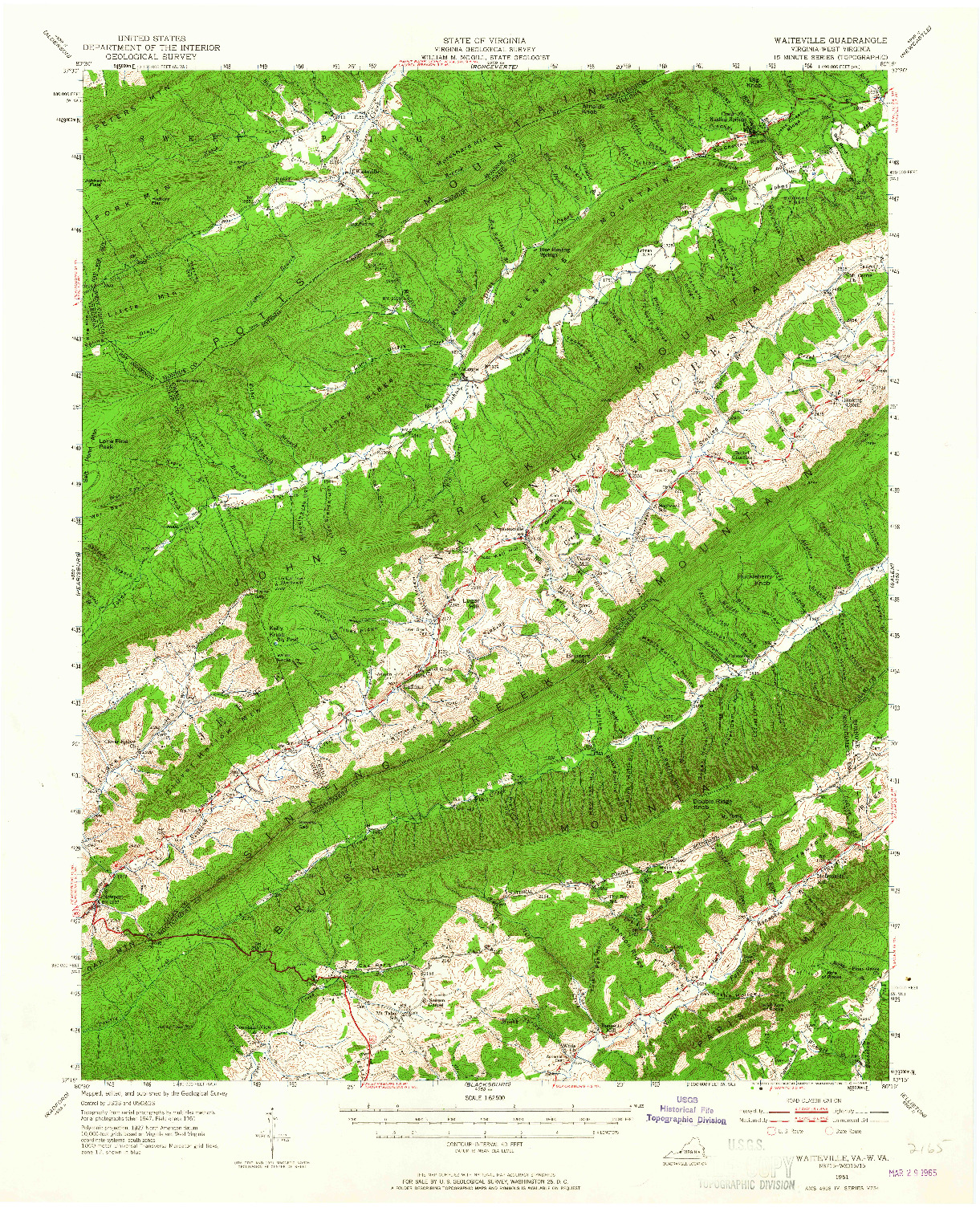 USGS 1:62500-SCALE QUADRANGLE FOR WAITEVILLE, VA 1951