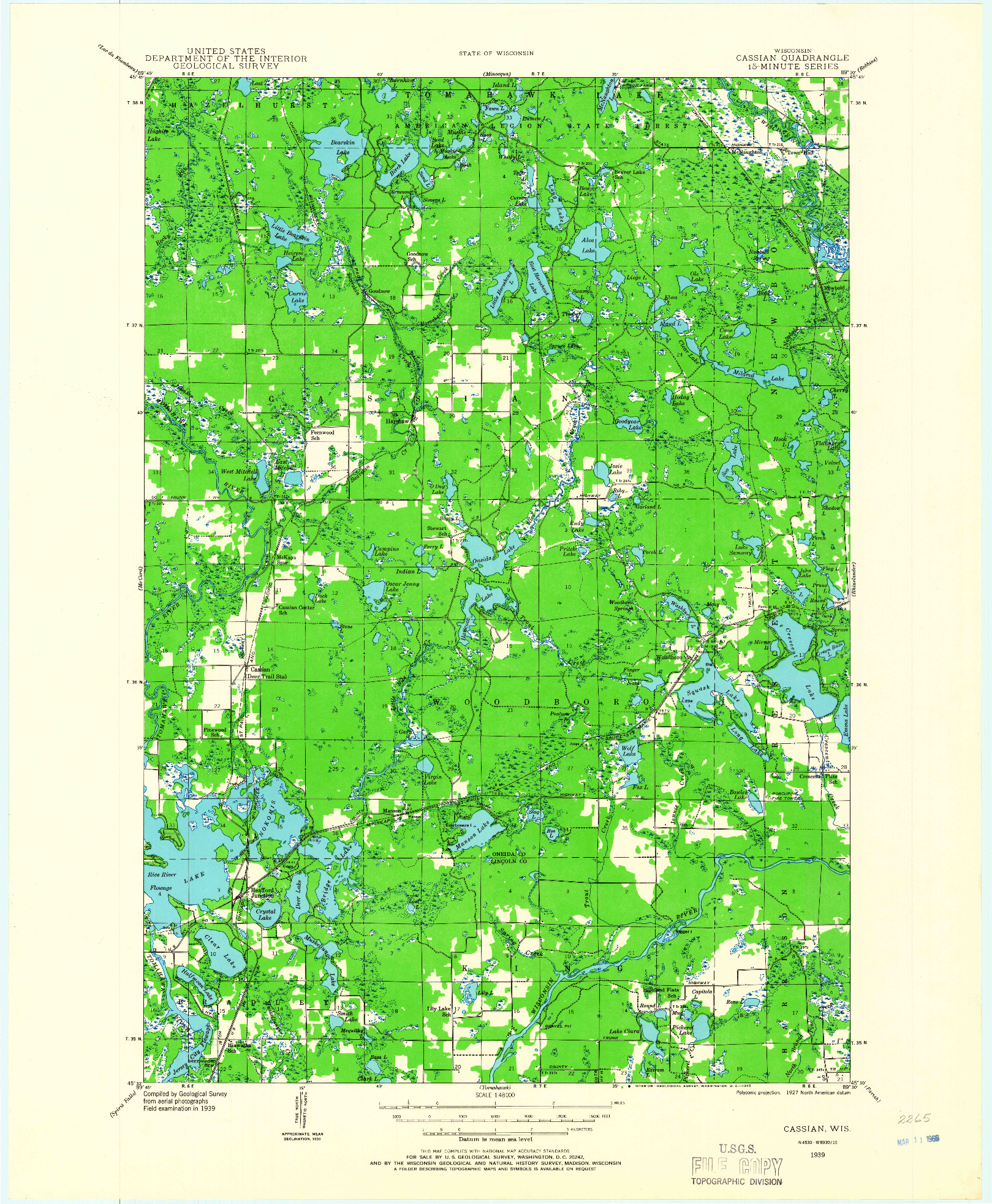 USGS 1:48000-SCALE QUADRANGLE FOR CASSIAN, WI 1939