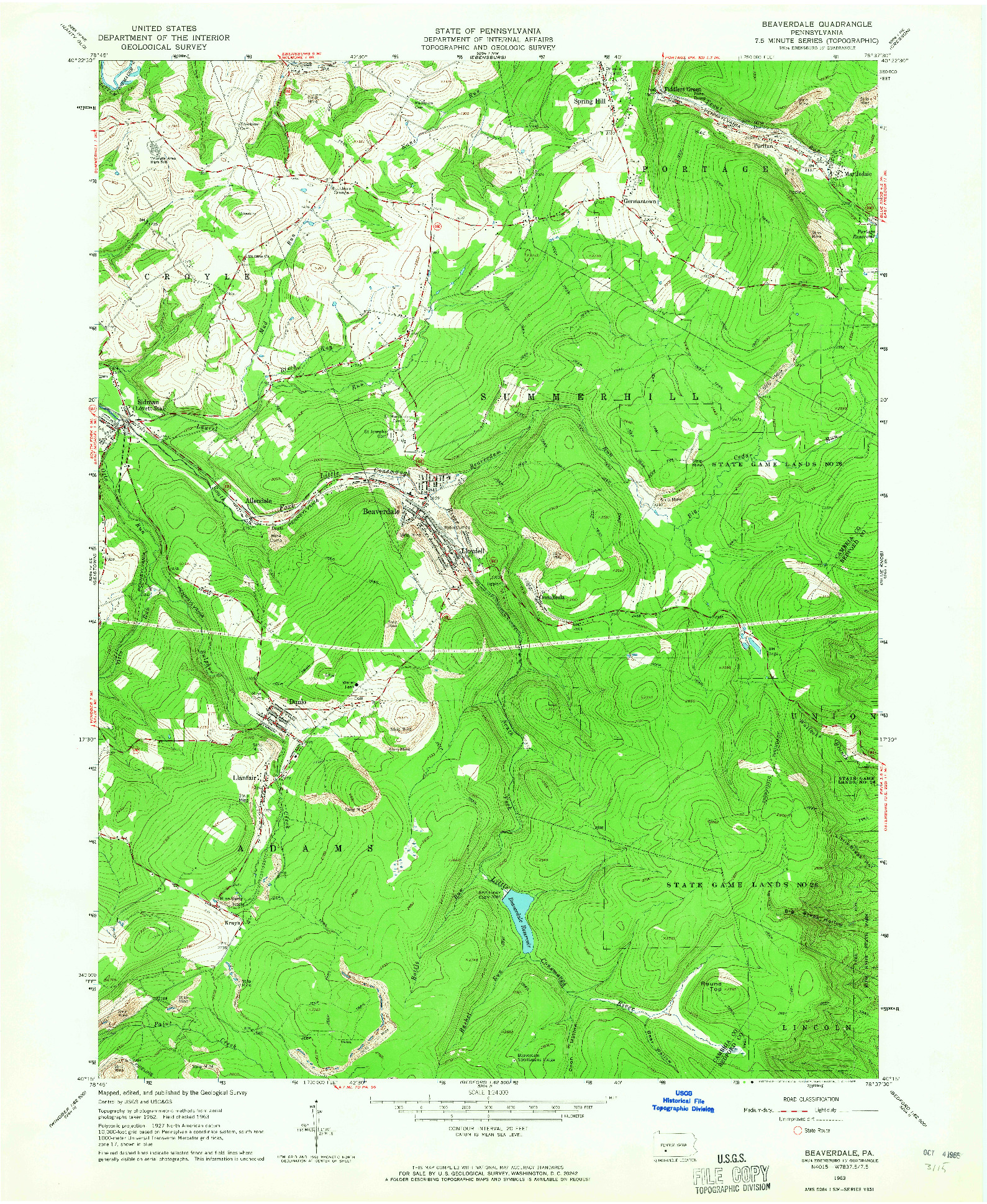 USGS 1:24000-SCALE QUADRANGLE FOR BEAVERDALE, PA 1963