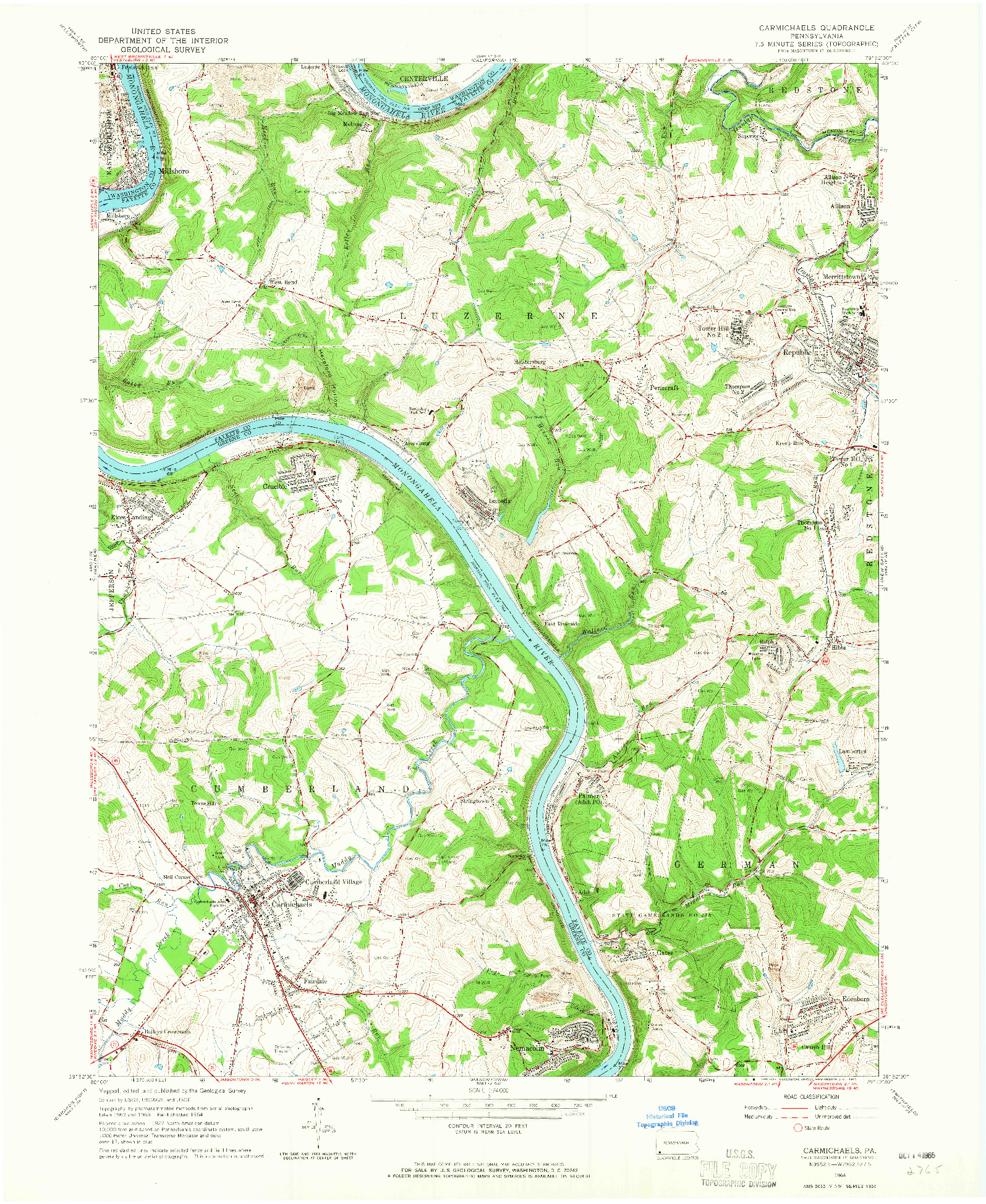 USGS 1:24000-SCALE QUADRANGLE FOR CARMICHAELS, PA 1964