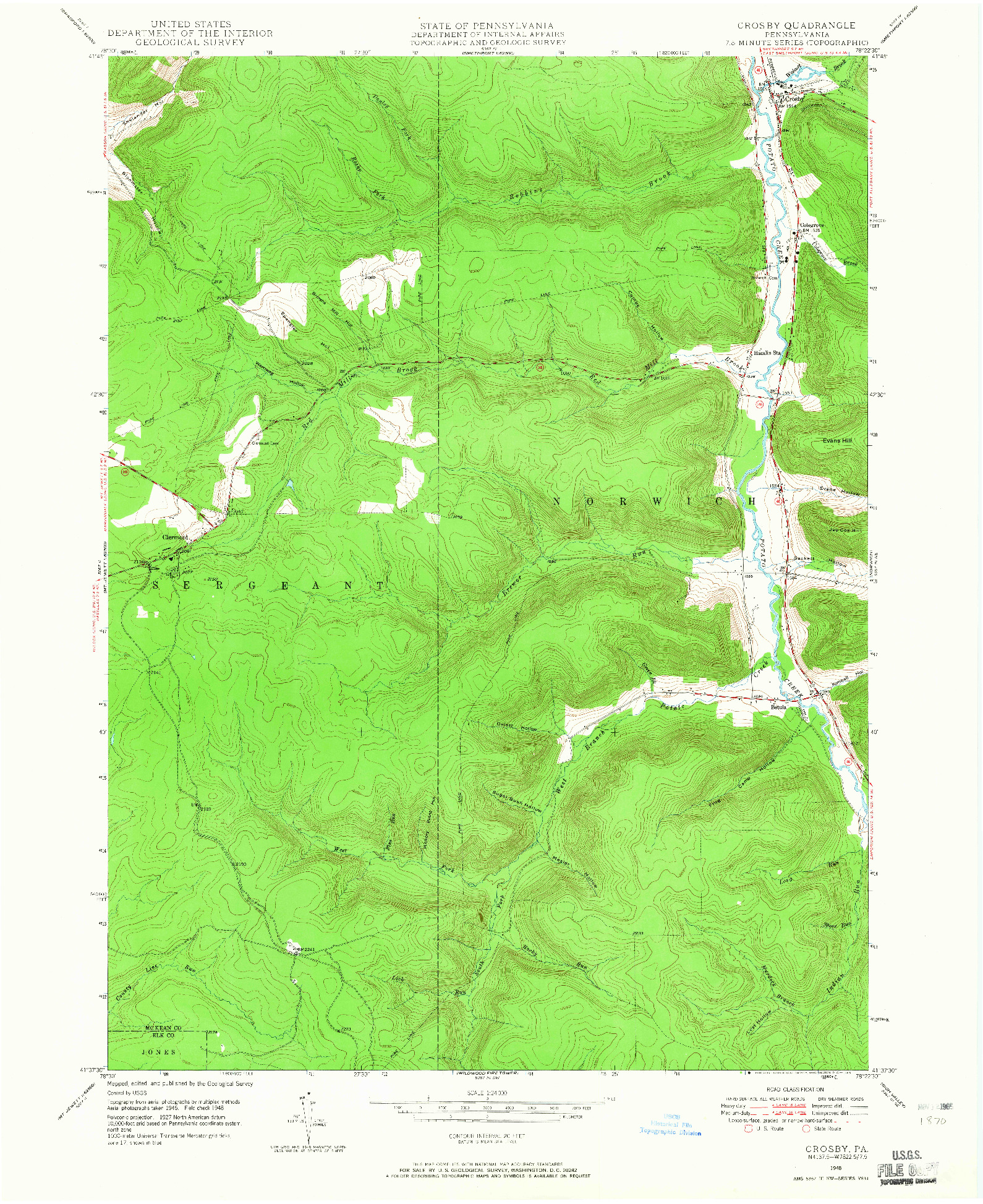 USGS 1:24000-SCALE QUADRANGLE FOR CROSBY, PA 1948