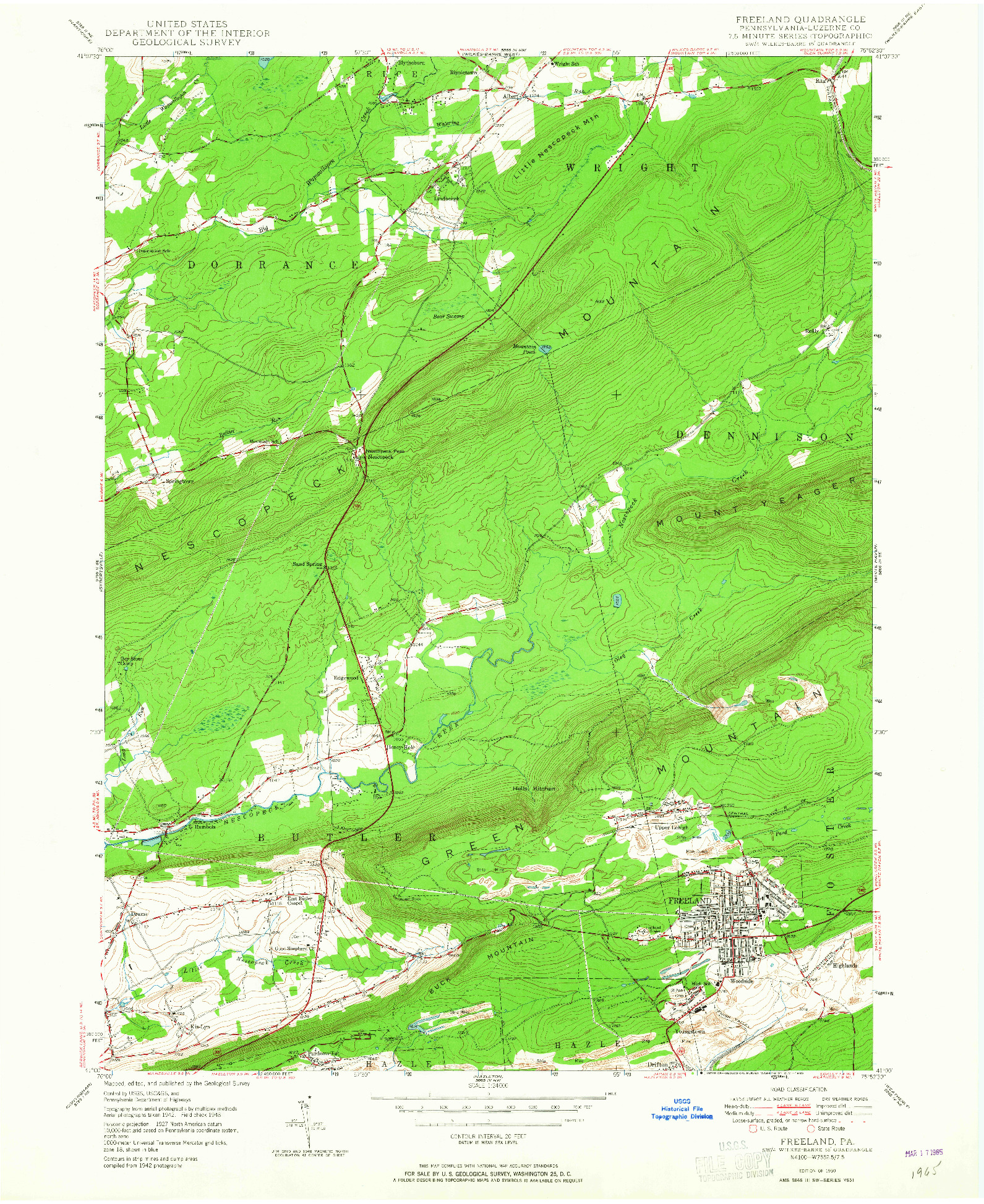 USGS 1:24000-SCALE QUADRANGLE FOR FREELAND, PA 1950
