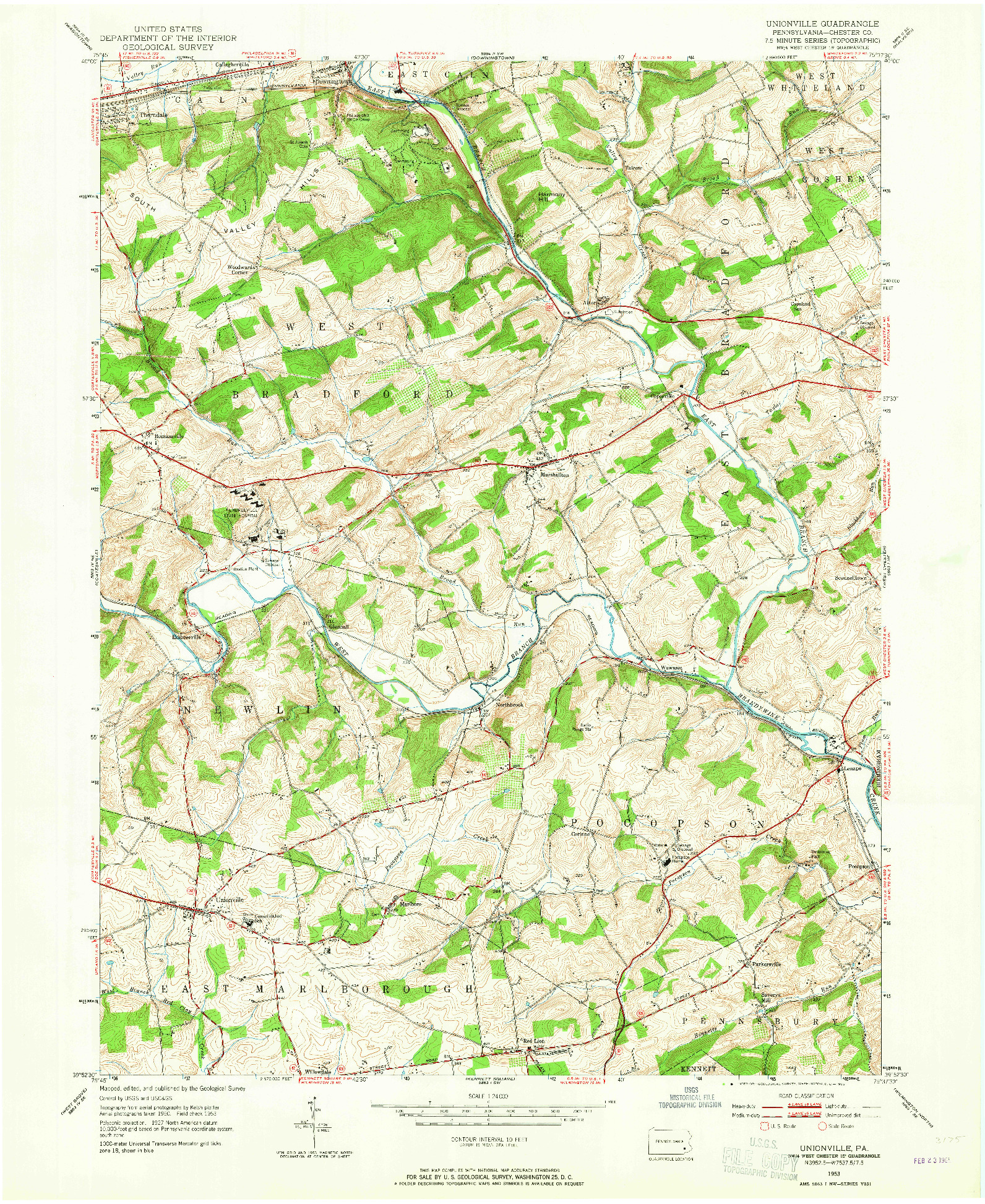 USGS 1:24000-SCALE QUADRANGLE FOR UNIONVILLE, PA 1953