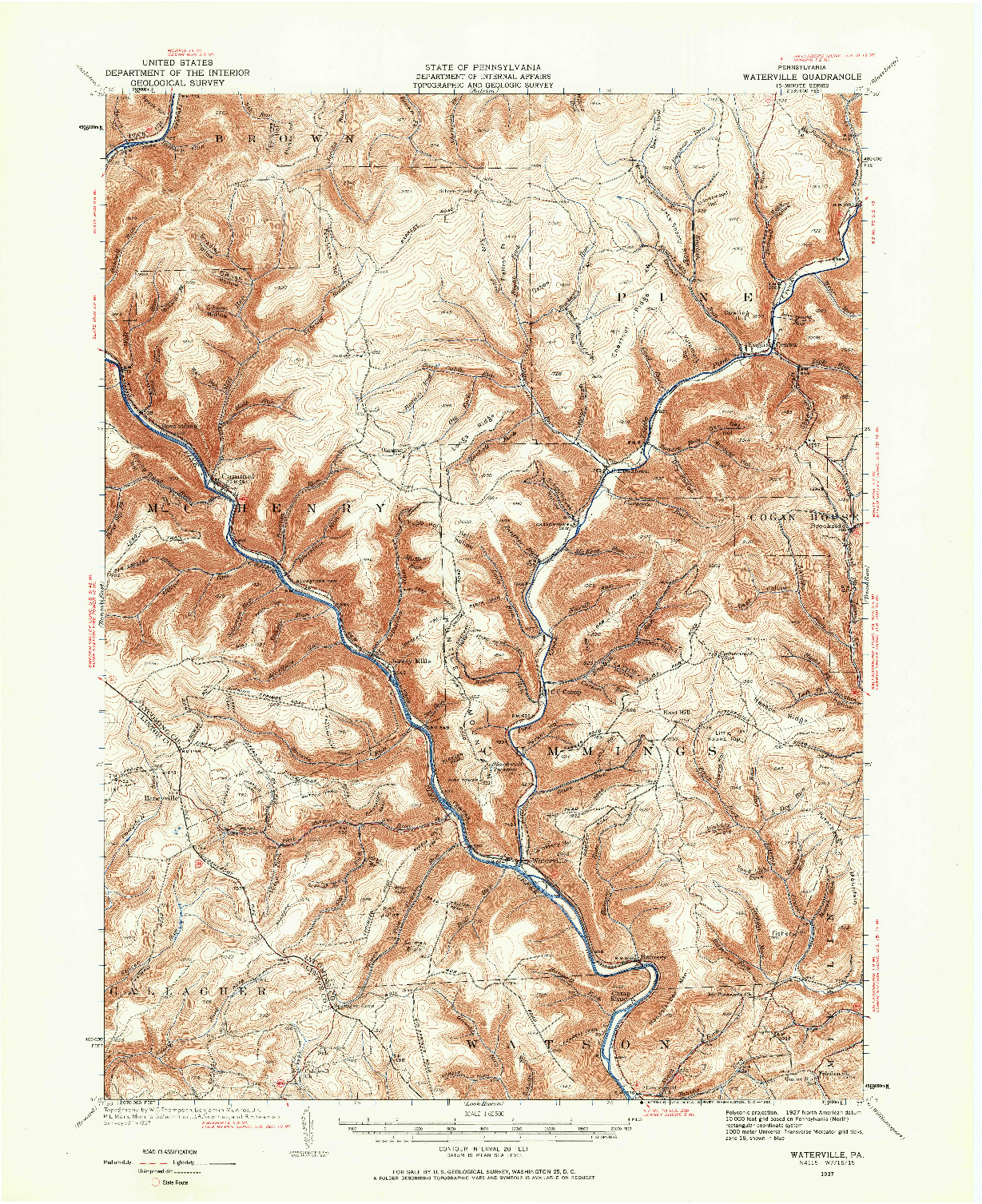 USGS 1:62500-SCALE QUADRANGLE FOR WATERVILLE, PA 1937