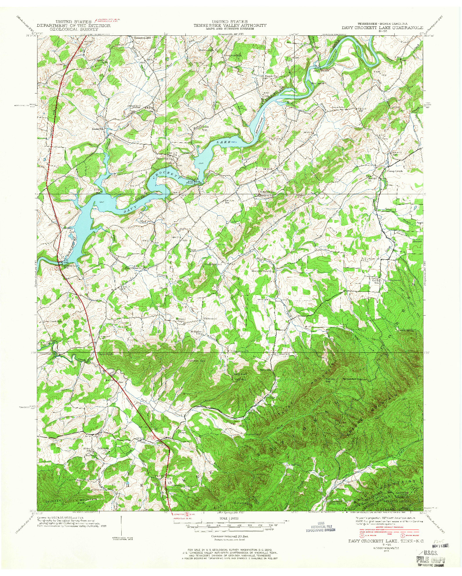 USGS 1:24000-SCALE QUADRANGLE FOR DAVY CROCKETT LAKE, TN 1939