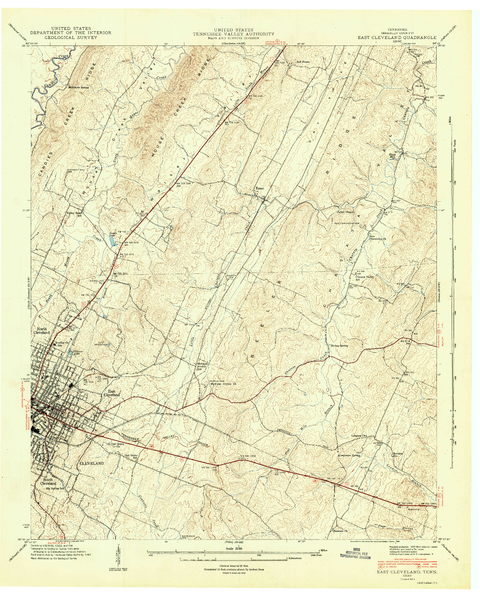 USGS 1:24000-SCALE QUADRANGLE FOR EAST CLEVELAND, TN 1943