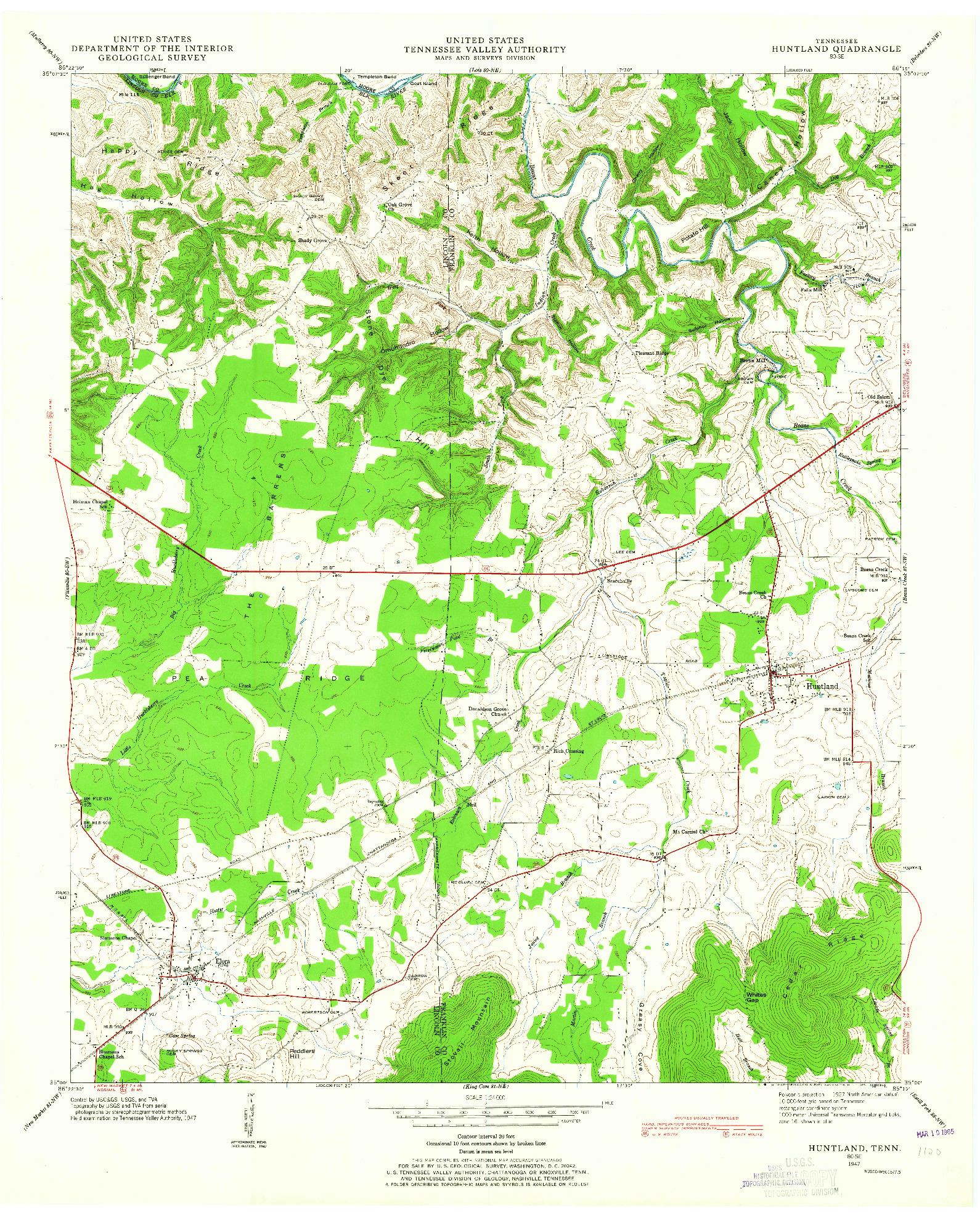 USGS 1:24000-SCALE QUADRANGLE FOR HUNTLAND, TN 1947