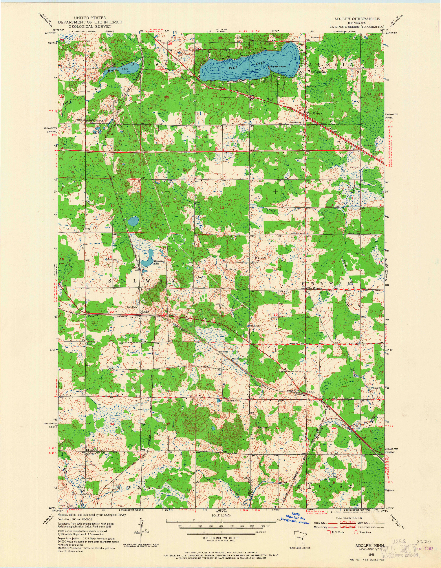 USGS 1:24000-SCALE QUADRANGLE FOR ADOLPH, MN 1953