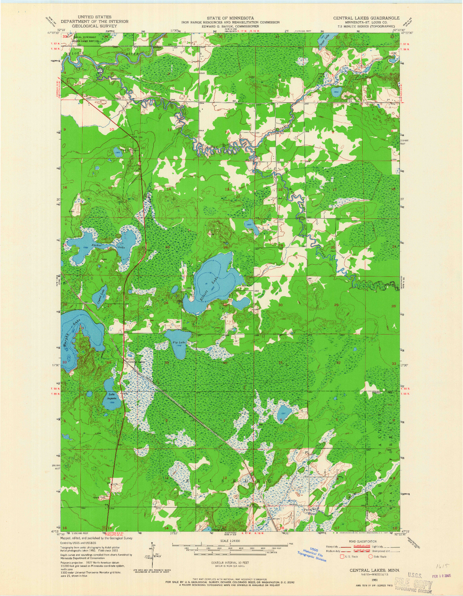 USGS 1:24000-SCALE QUADRANGLE FOR CENTRAL LAKES, MN 1951