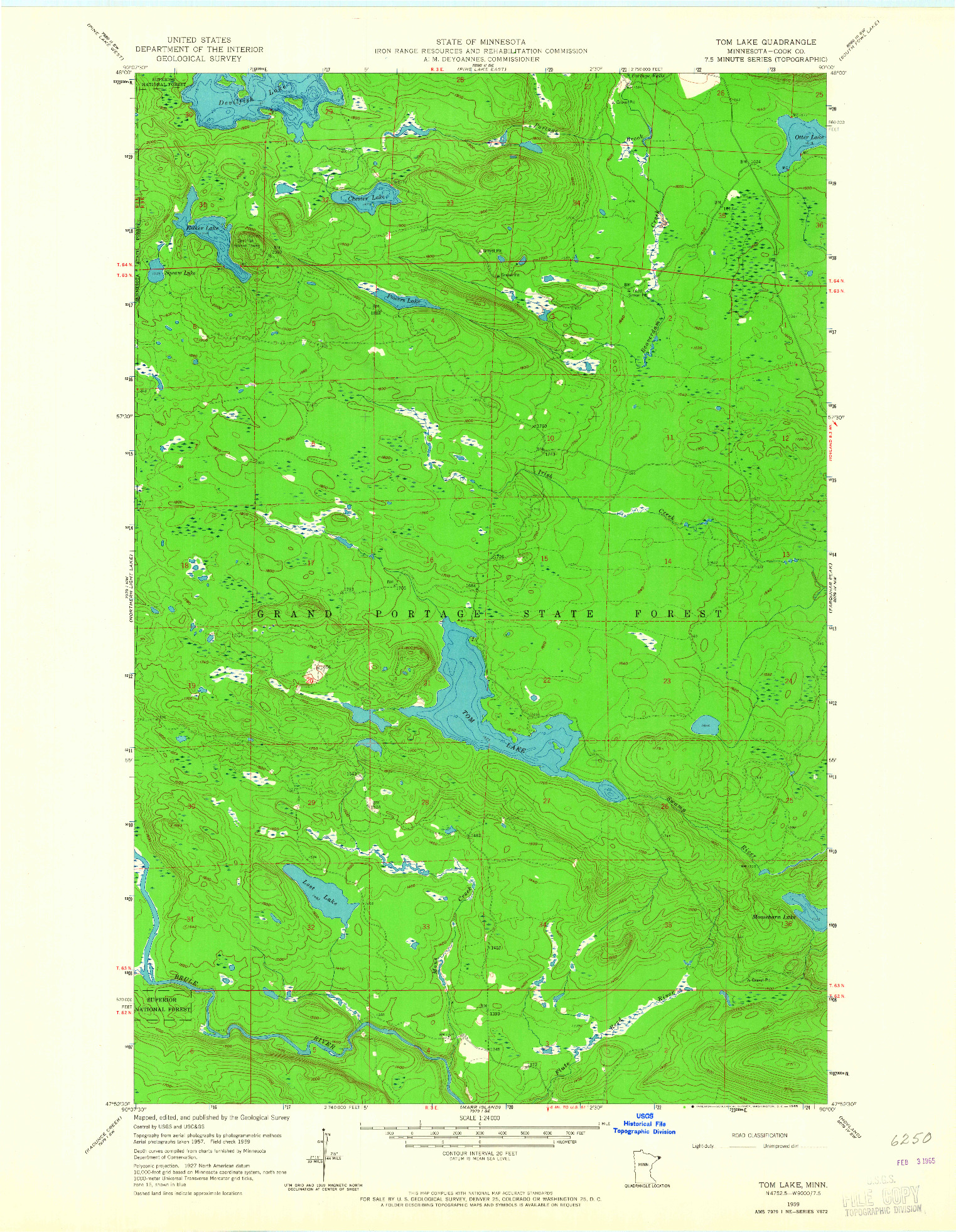 USGS 1:24000-SCALE QUADRANGLE FOR TOM LAKE, MN 1959