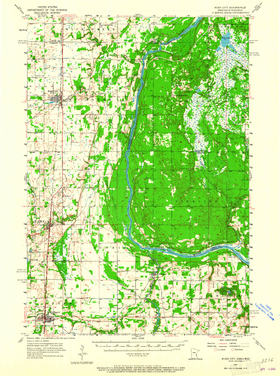 USGS 1:62500-SCALE QUADRANGLE FOR RUSH CITY, MN 1955