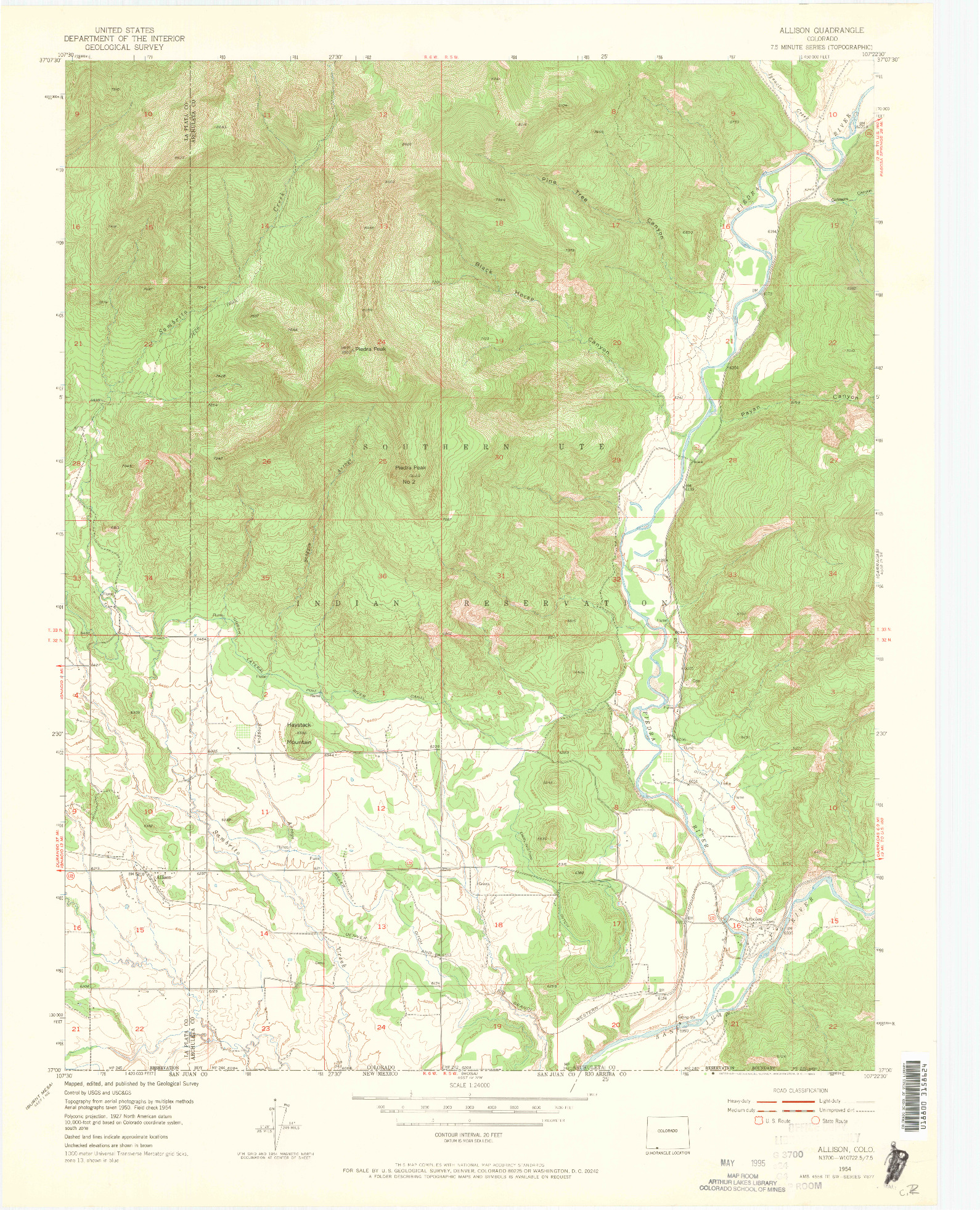 USGS 1:24000-SCALE QUADRANGLE FOR ALLISON, CO 1954