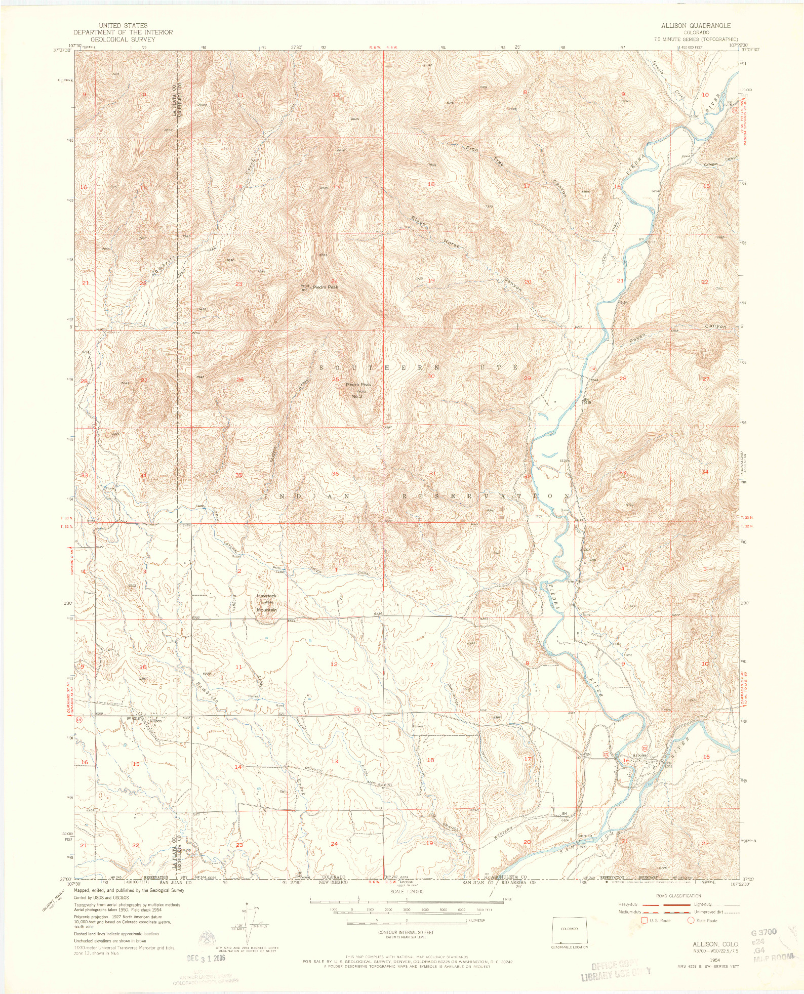 USGS 1:24000-SCALE QUADRANGLE FOR ALLISON, CO 1954