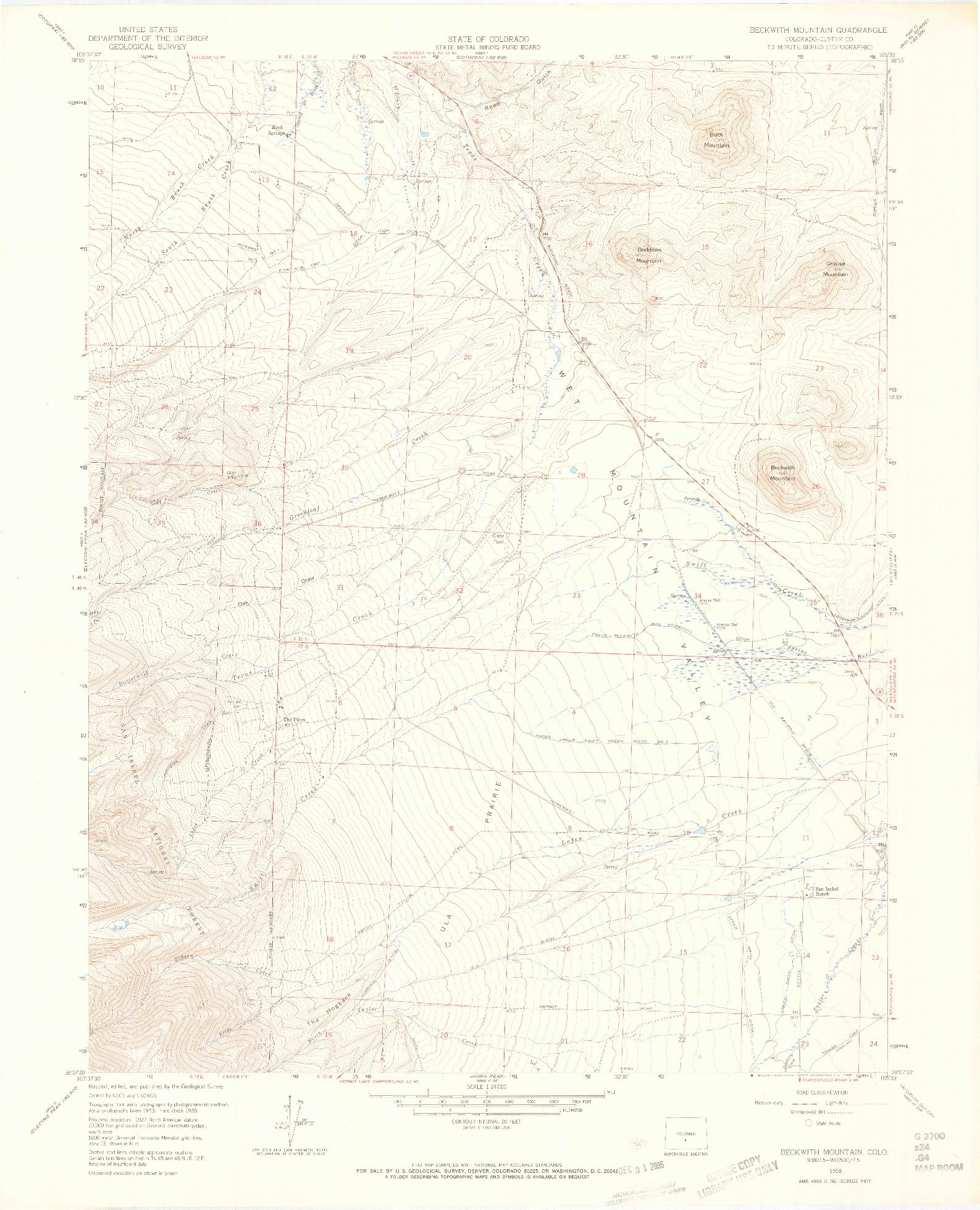 USGS 1:24000-SCALE QUADRANGLE FOR BECKWITH MOUNTAIN, CO 1958