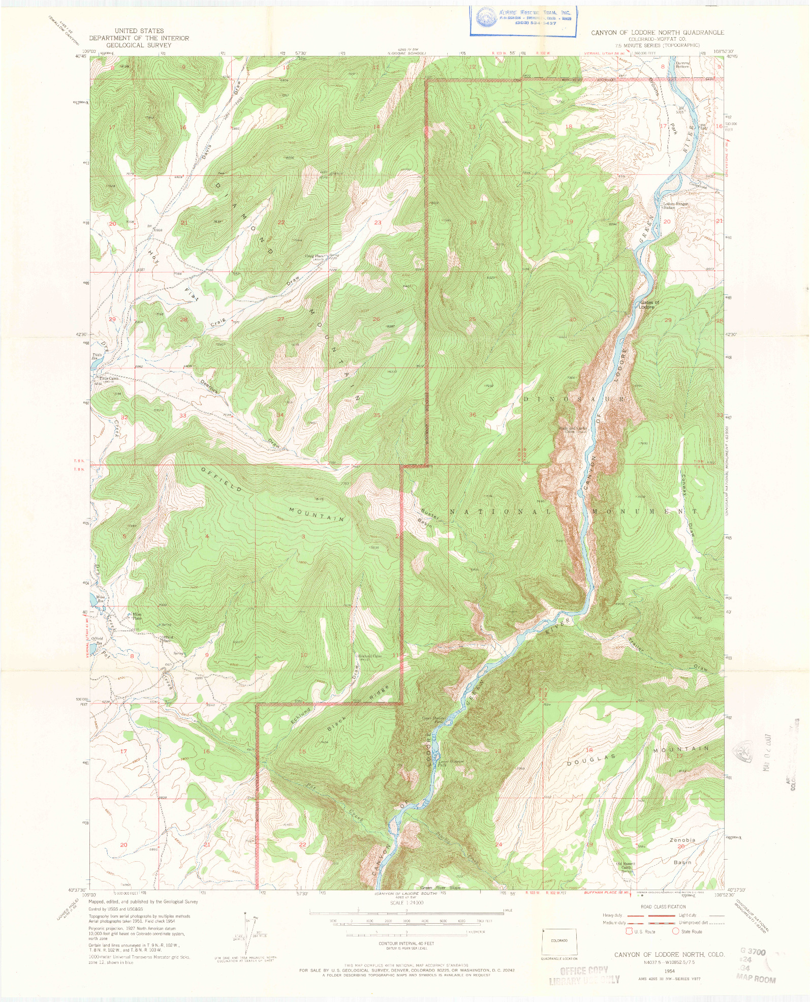 USGS 1:24000-SCALE QUADRANGLE FOR CANYON OF LODORE NORTH, CO 1954