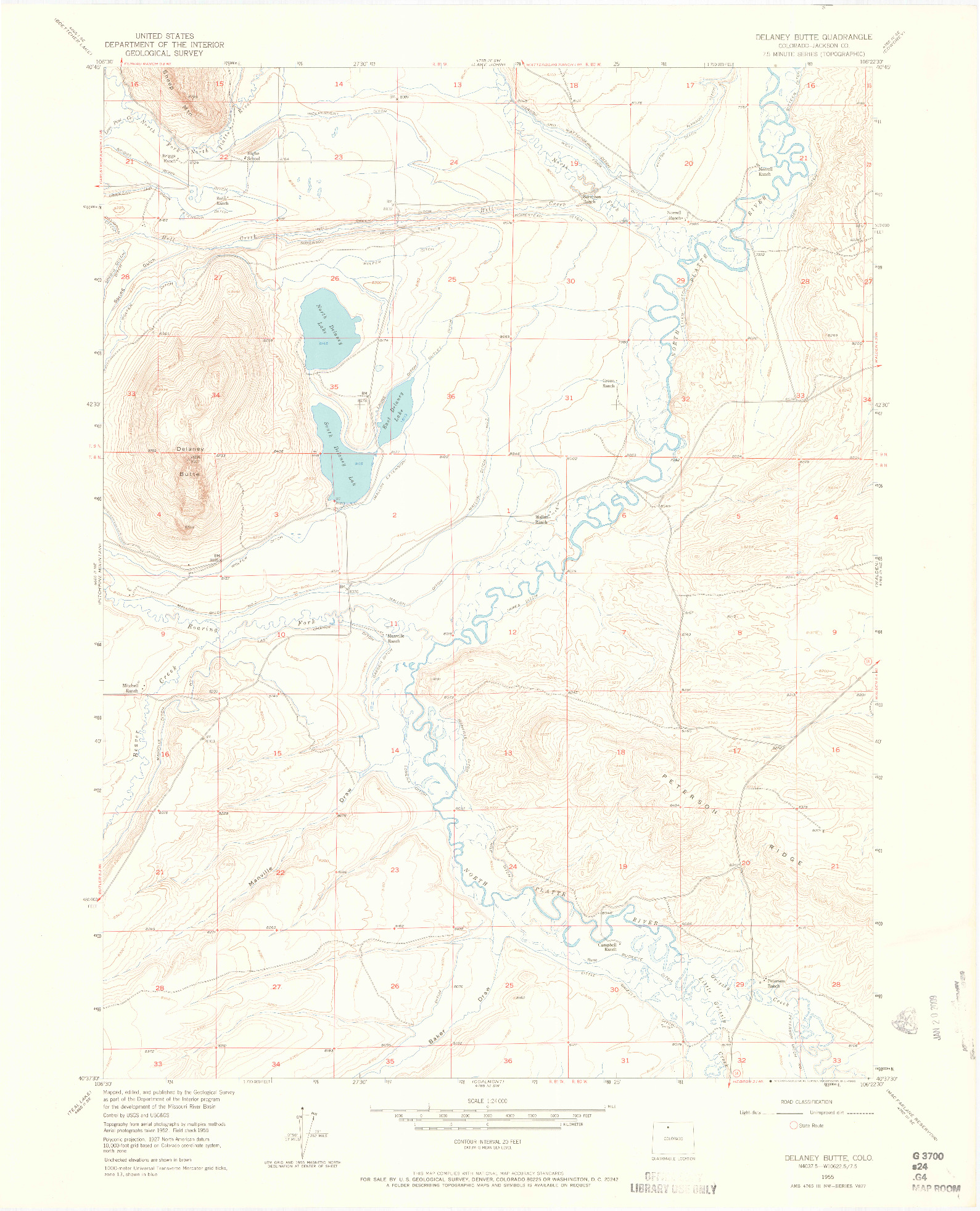 USGS 1:24000-SCALE QUADRANGLE FOR DELANEY BUTTE, CO 1955