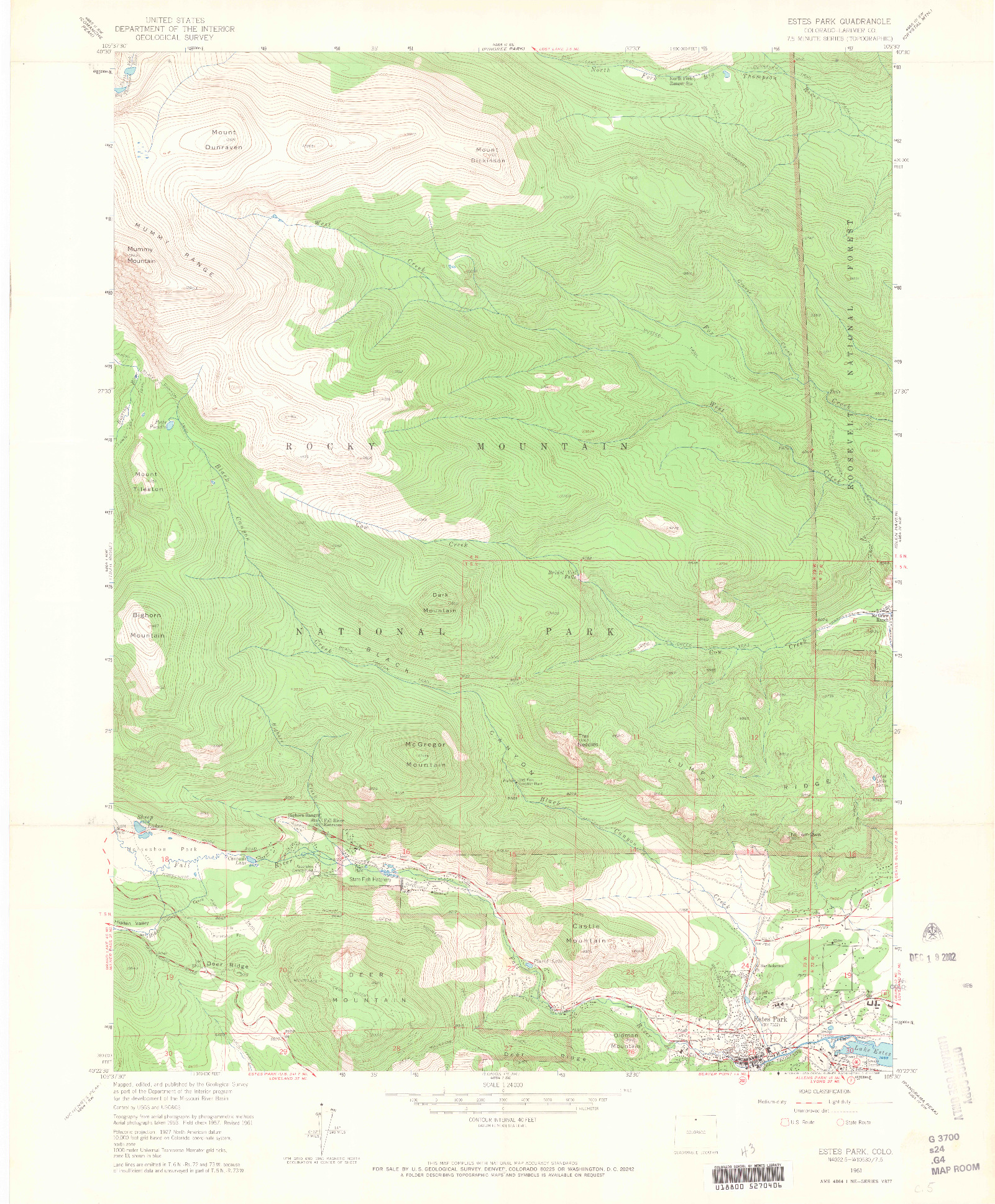 USGS 1:24000-SCALE QUADRANGLE FOR ESTES PARK, CO 1961