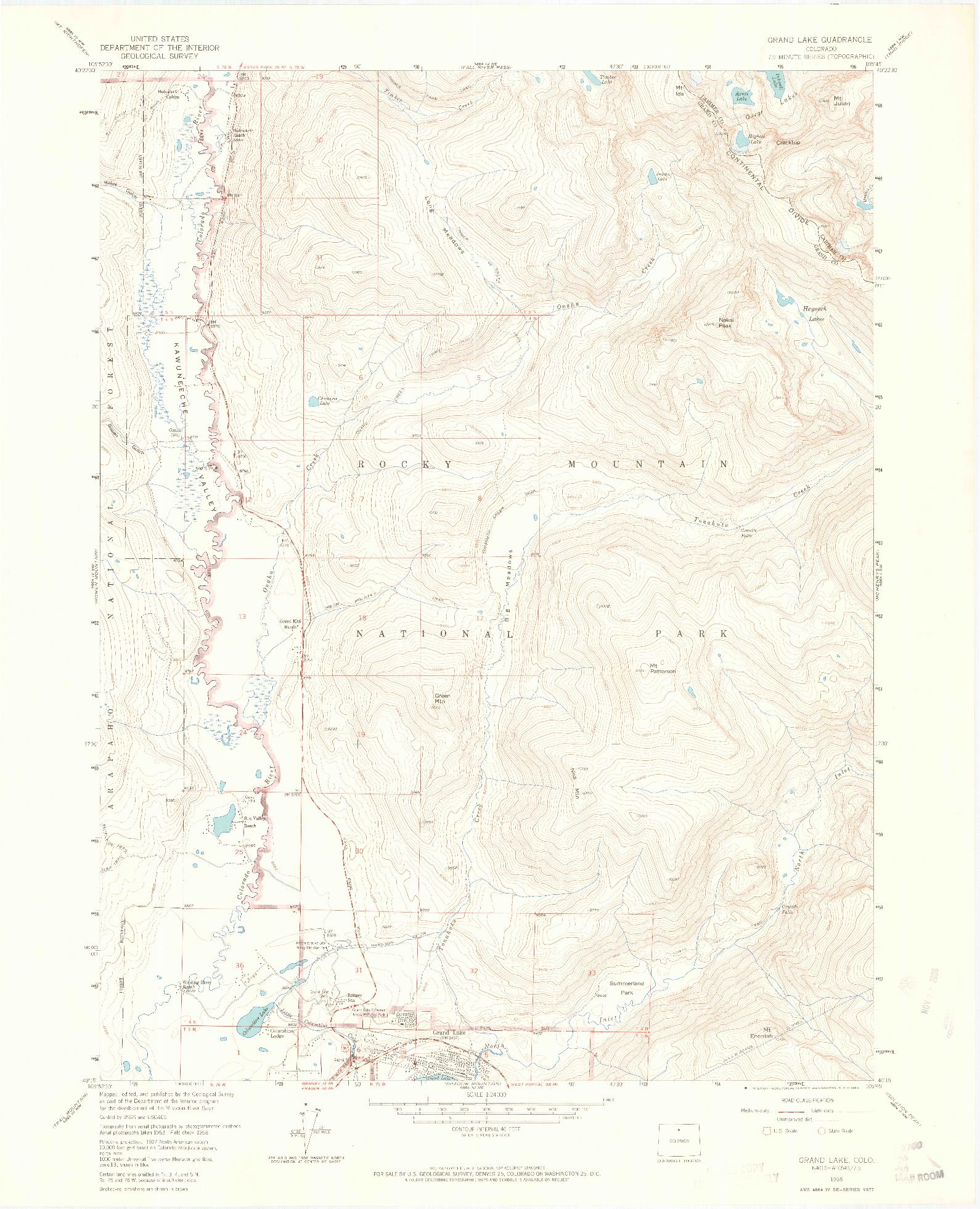 USGS 1:24000-SCALE QUADRANGLE FOR GRAND LAKE, CO 1958