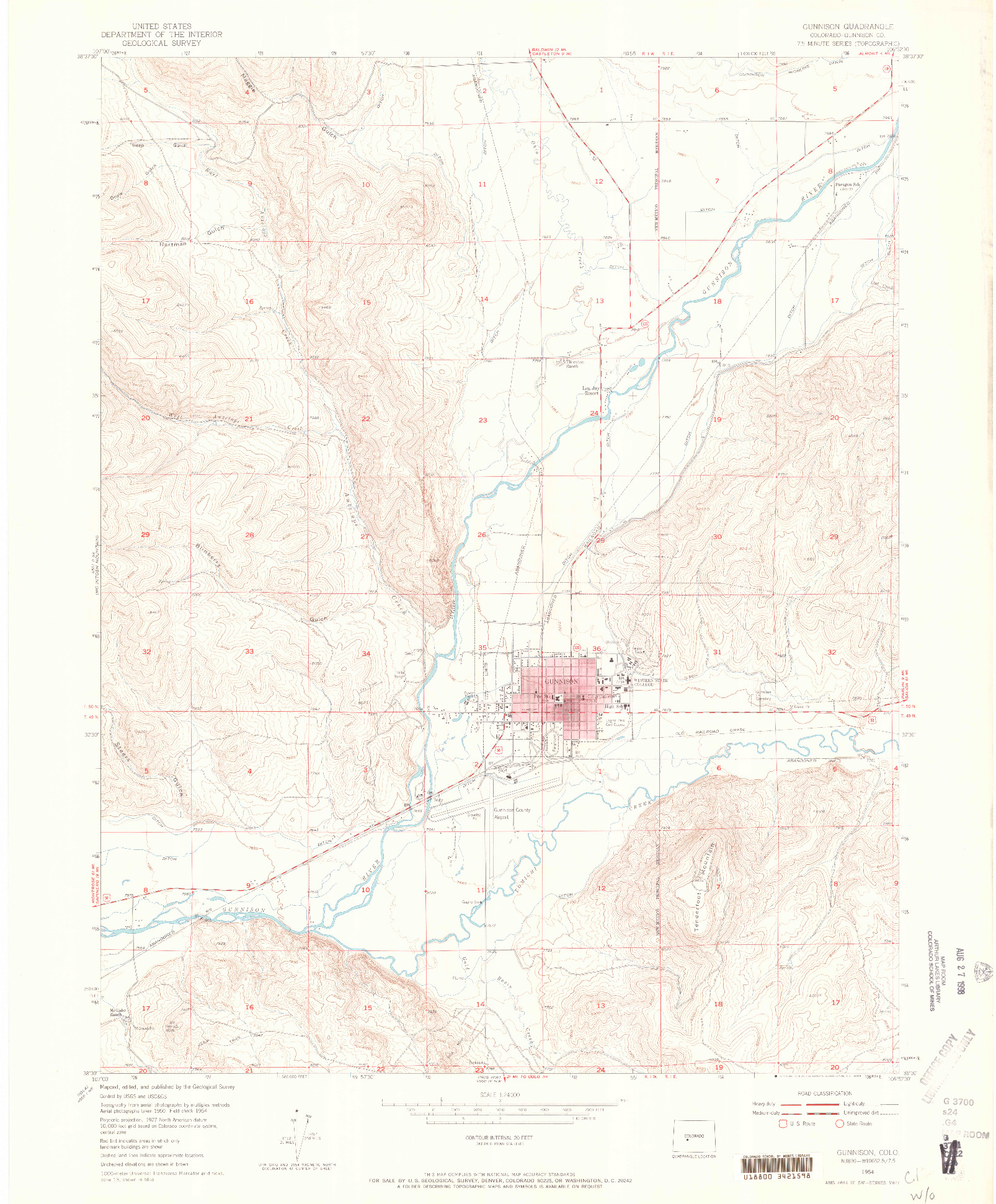 USGS 1:24000-SCALE QUADRANGLE FOR GUNNISON, CO 1954