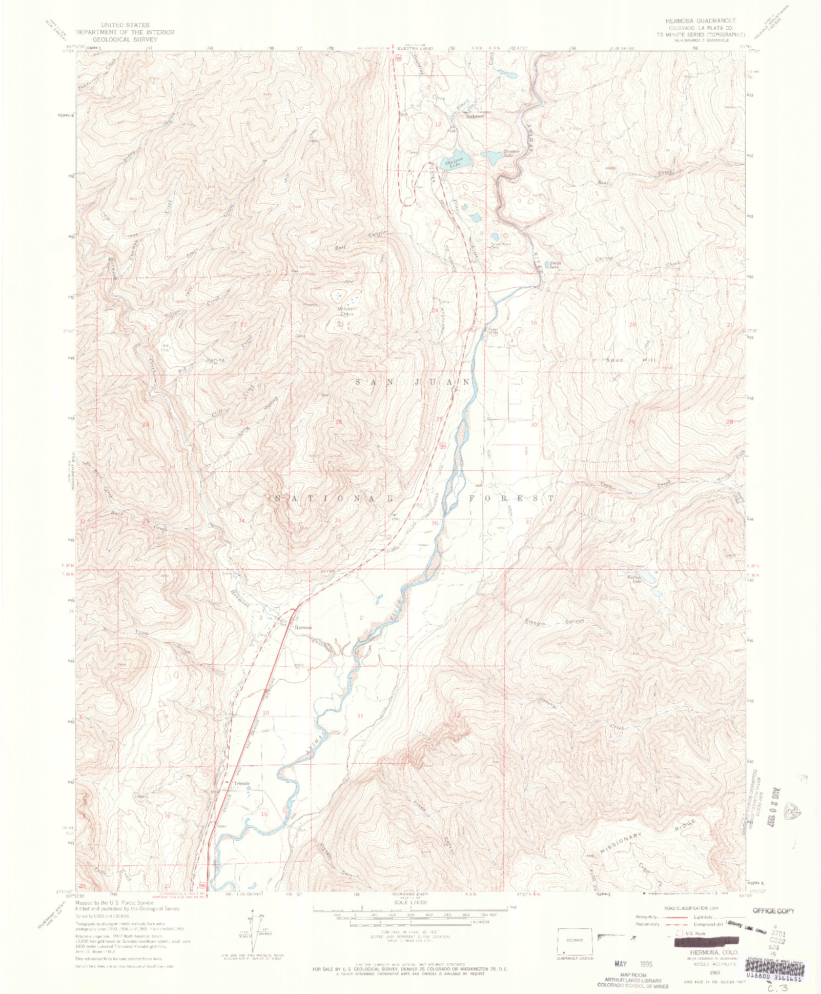 USGS 1:24000-SCALE QUADRANGLE FOR HERMOSA, CO 1963