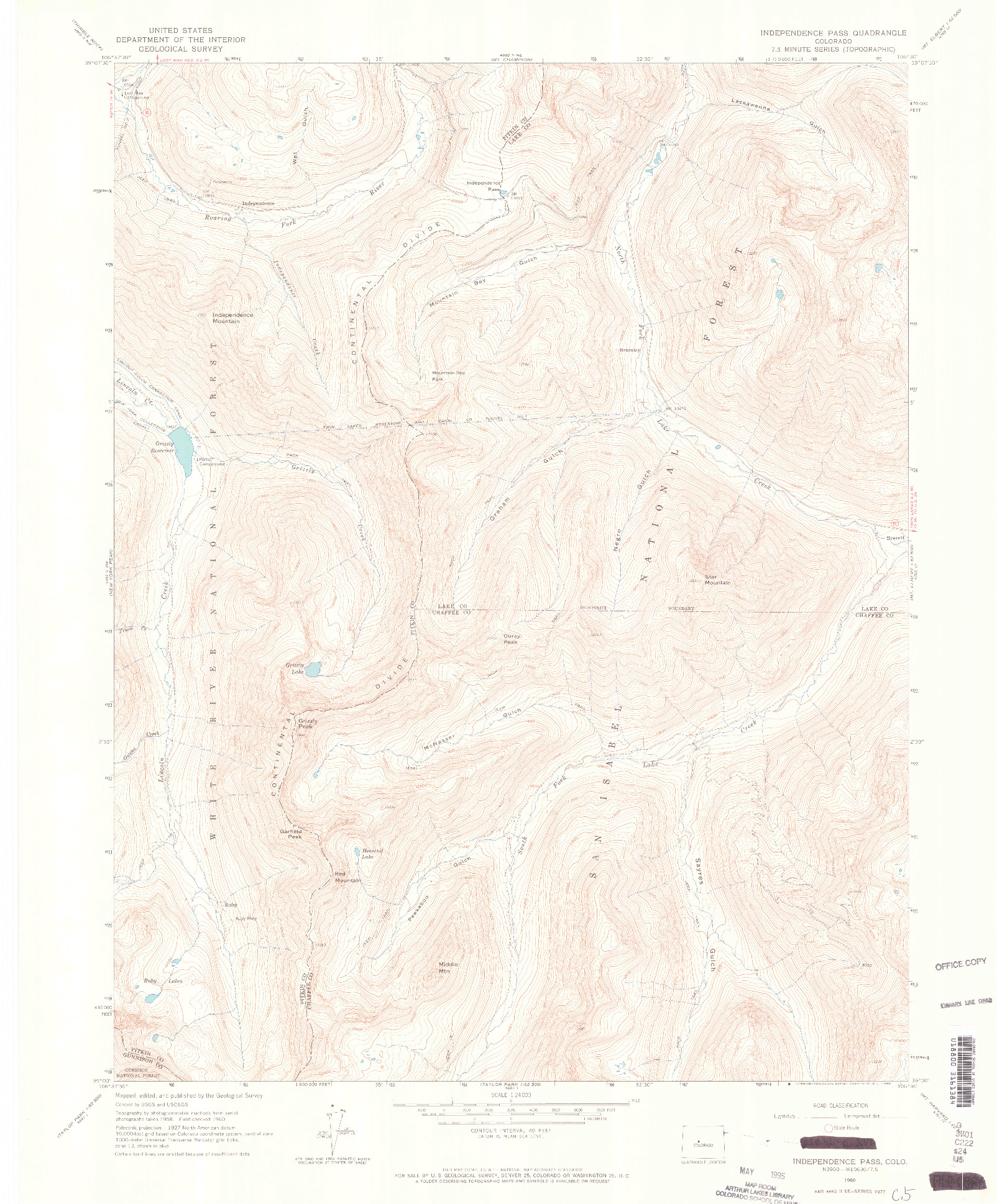 USGS 1:24000-SCALE QUADRANGLE FOR INDEPENDENCE PASS, CO 1960