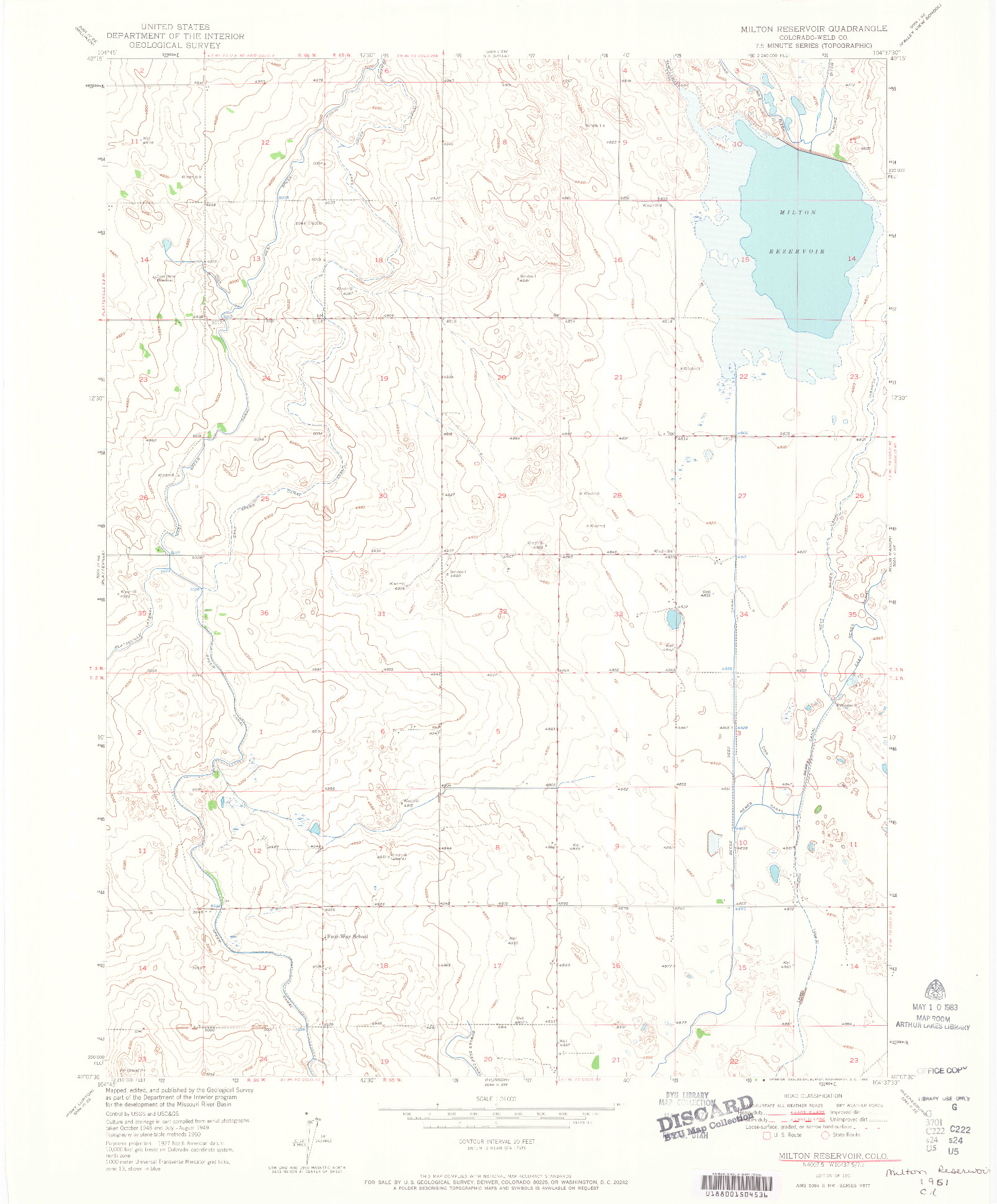 USGS 1:24000-SCALE QUADRANGLE FOR MILTON RESERVOIR, CO 1951