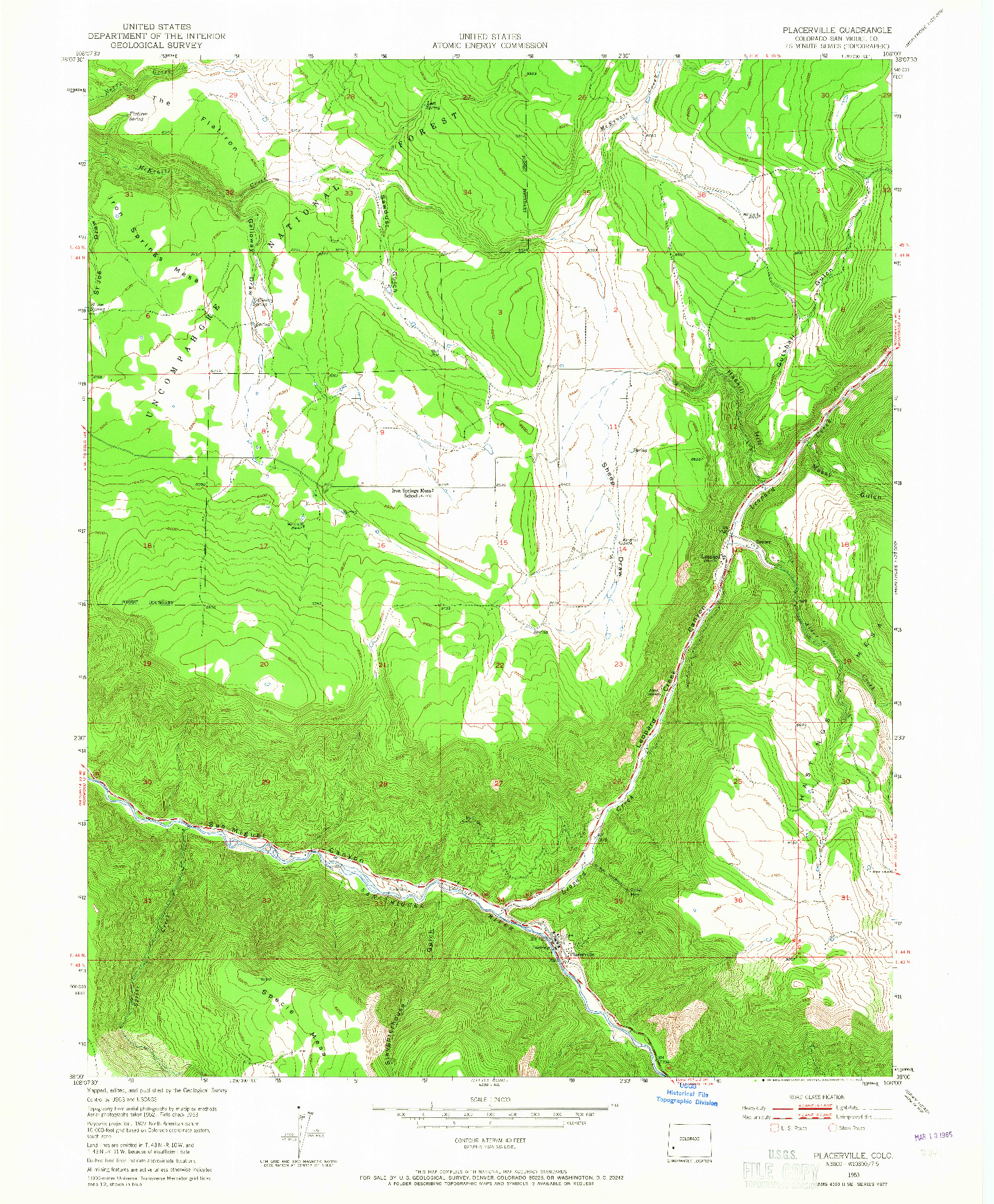 USGS 1:24000-SCALE QUADRANGLE FOR PLACERVILLE, CO 1953