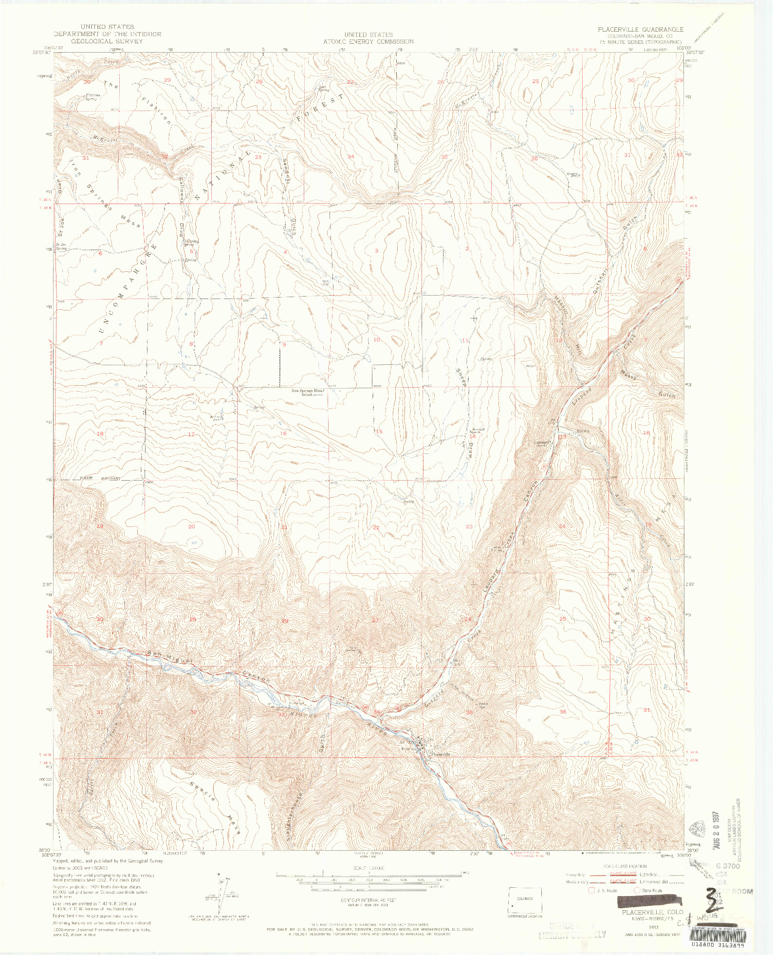 USGS 1:24000-SCALE QUADRANGLE FOR PLACERVILLE, CO 1953