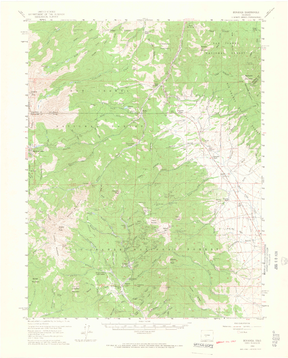 USGS 1:62500-SCALE QUADRANGLE FOR BONANZA, CO 1959