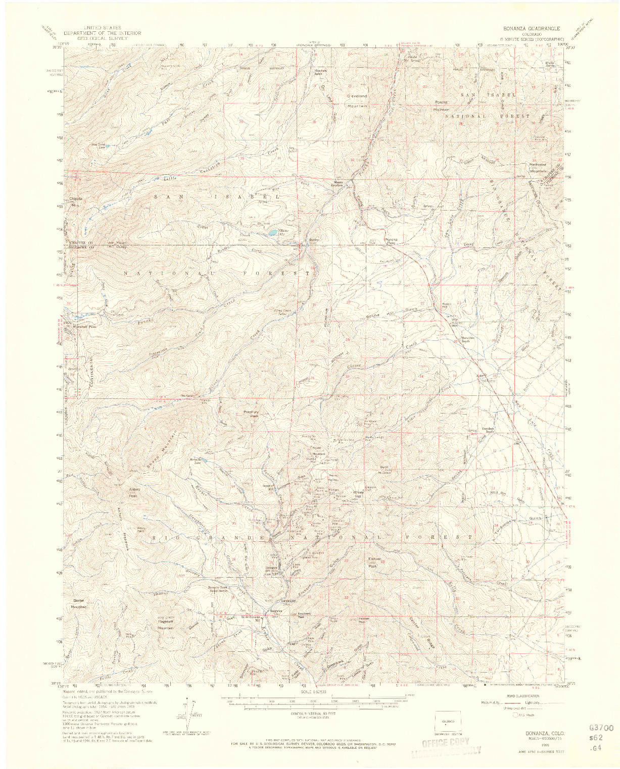 USGS 1:62500-SCALE QUADRANGLE FOR BONANZA, CO 1959