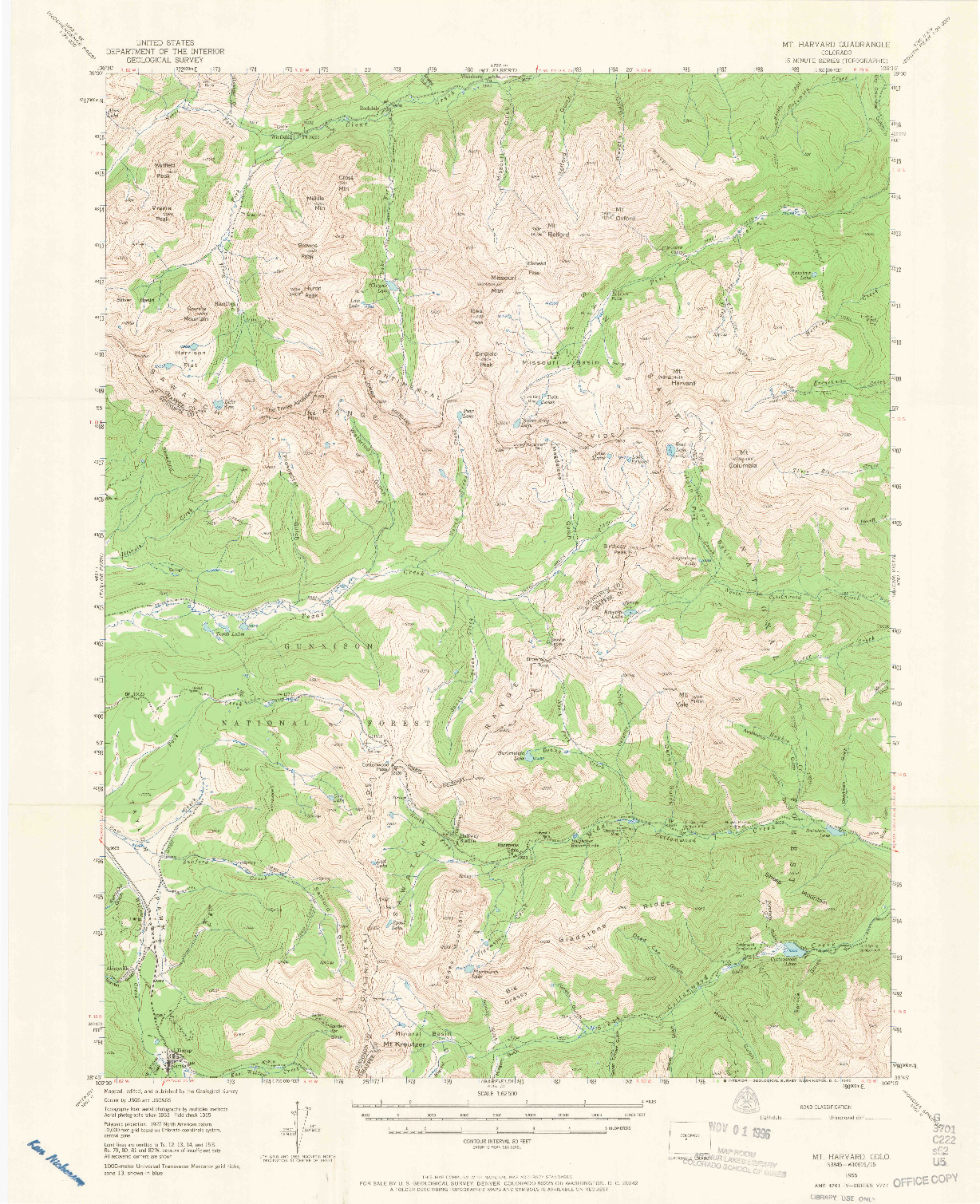 USGS 1:62500-SCALE QUADRANGLE FOR MOUNT HARVARD, CO 1955