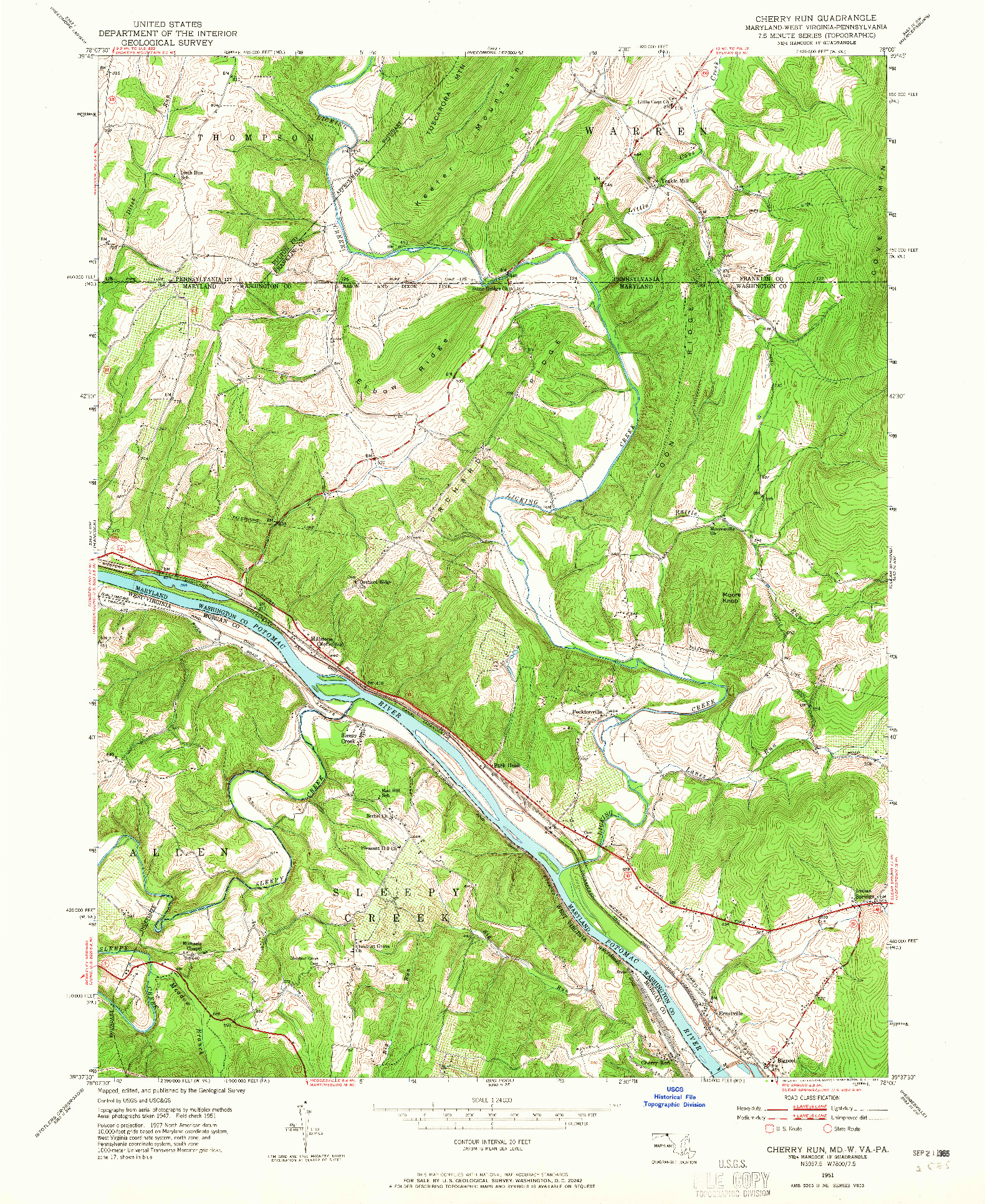 USGS 1:24000-SCALE QUADRANGLE FOR CHERRY RUN, MD 1951