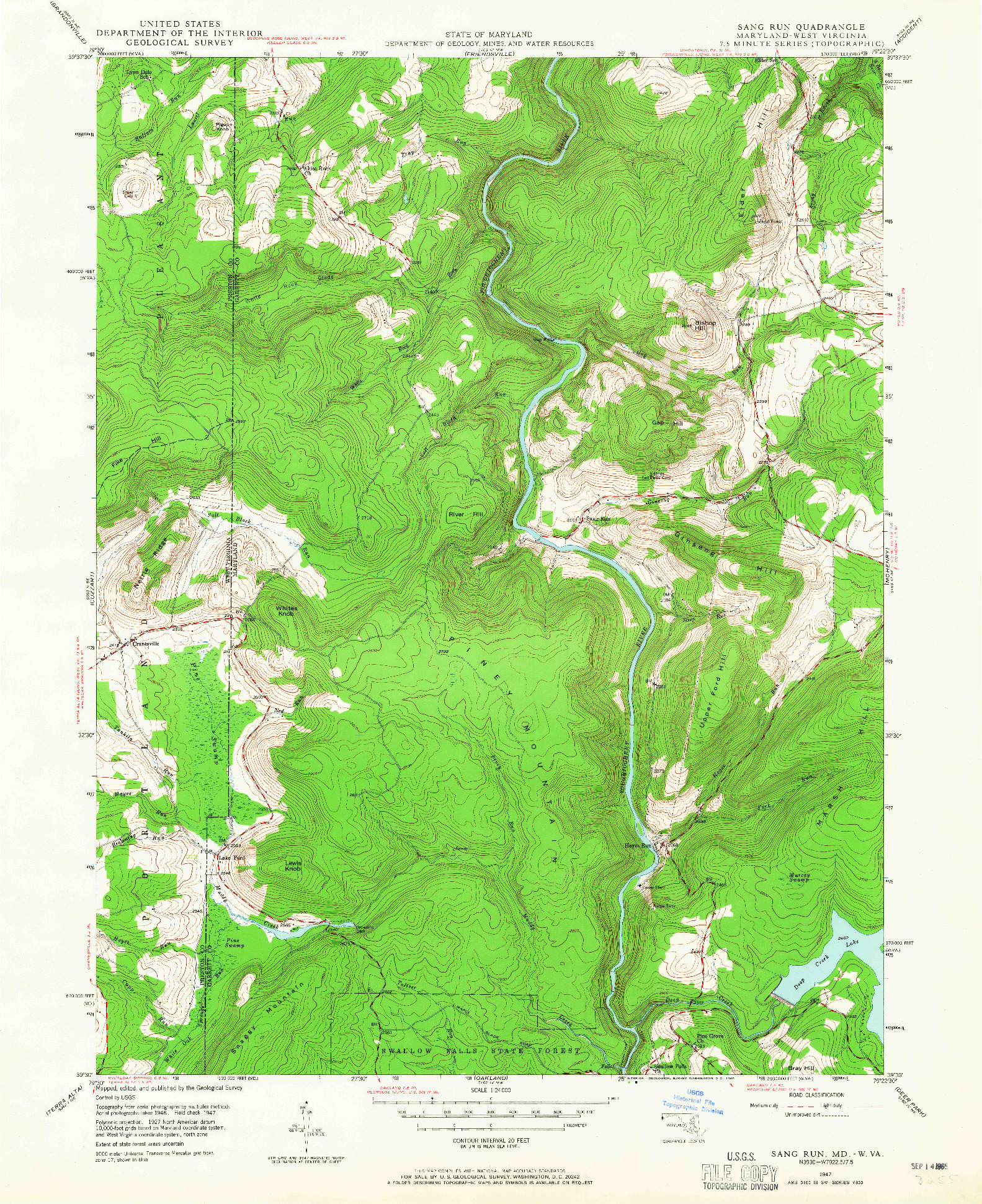 USGS 1:24000-SCALE QUADRANGLE FOR SANG RUN, MD 1947