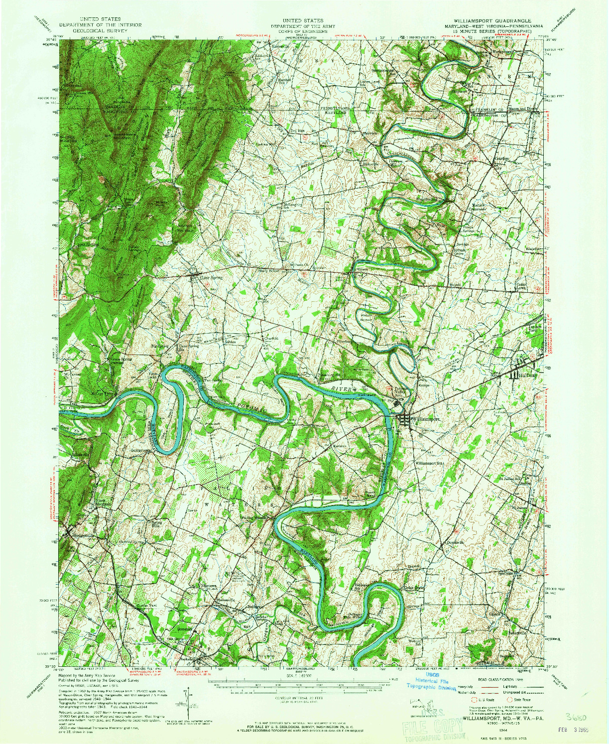 USGS 1:62500-SCALE QUADRANGLE FOR WILLIAMSPORT, MD 1944