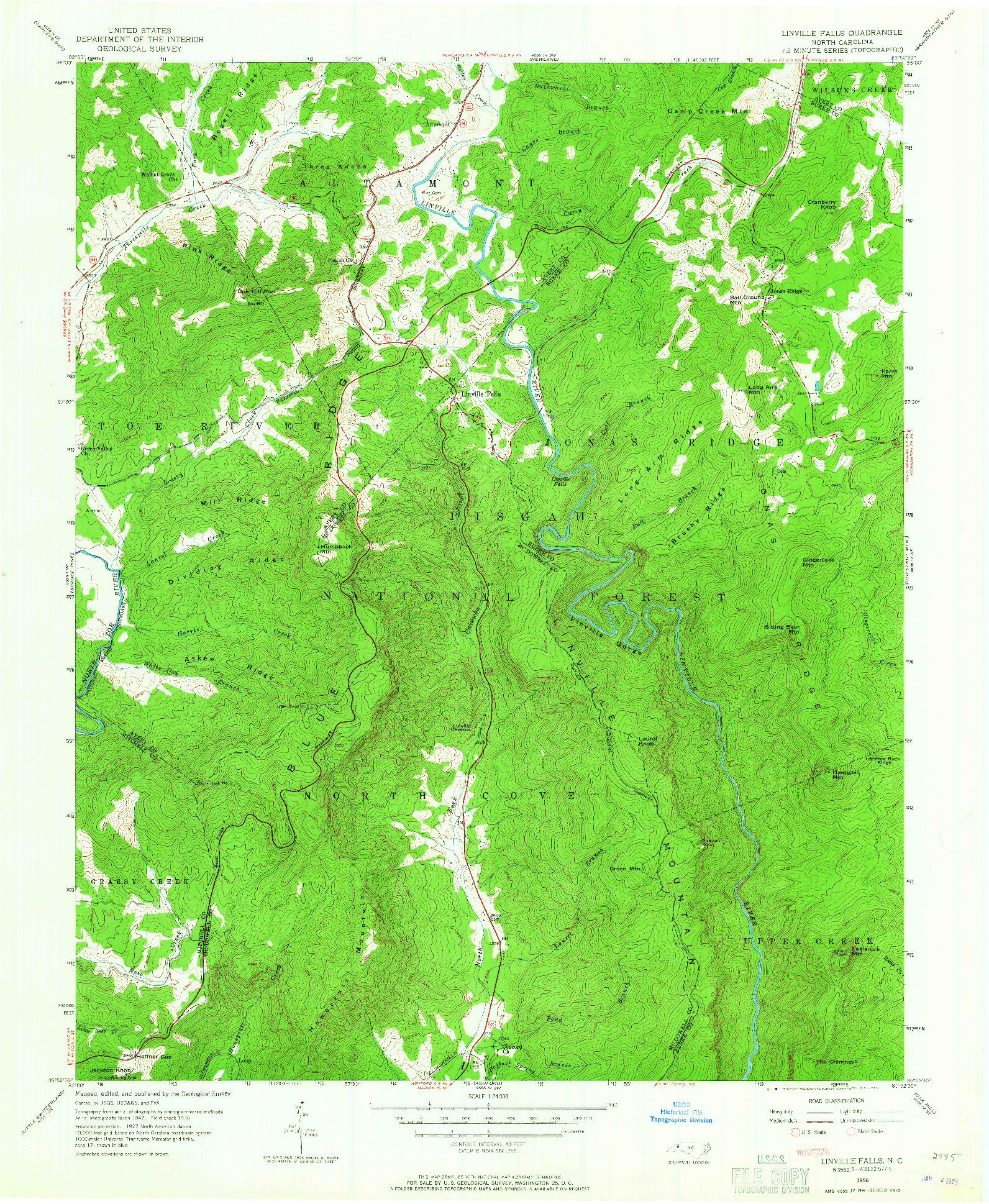 USGS 1:24000-SCALE QUADRANGLE FOR LINVILLE FALLS, NC 1956