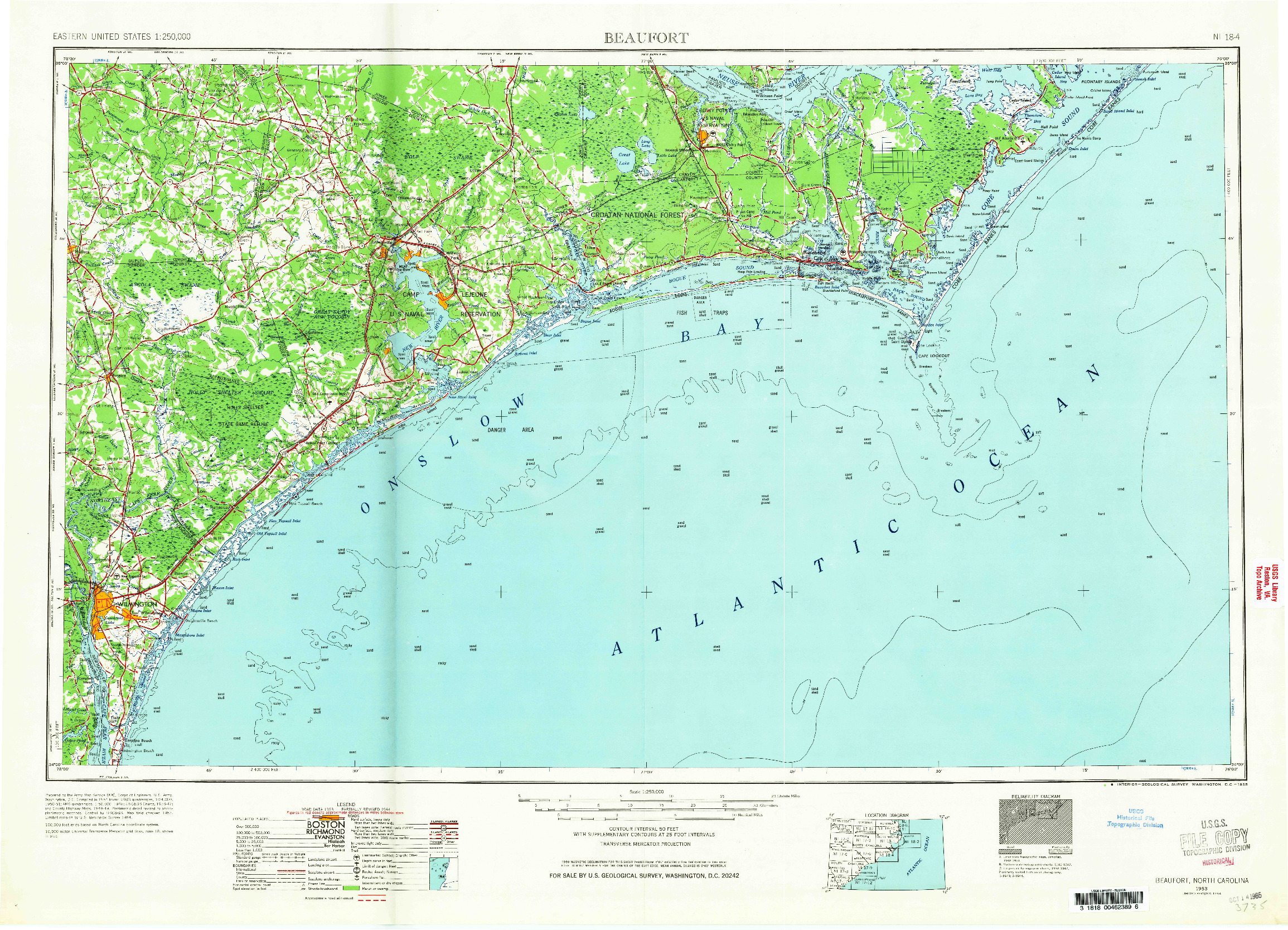 USGS 1:250000-SCALE QUADRANGLE FOR BEAUFORT, NC 1953