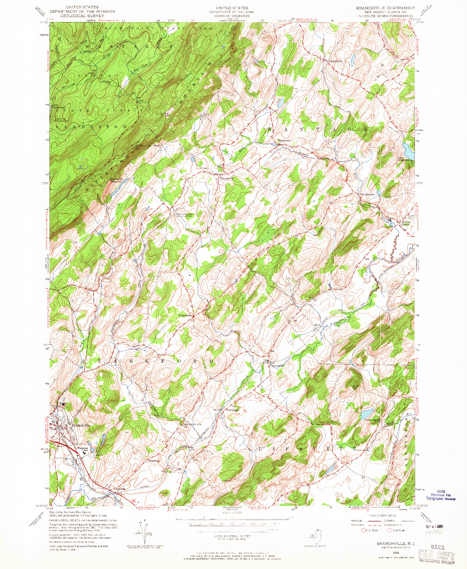 USGS 1:24000-SCALE QUADRANGLE FOR BRANCHVILLE, NJ 1954