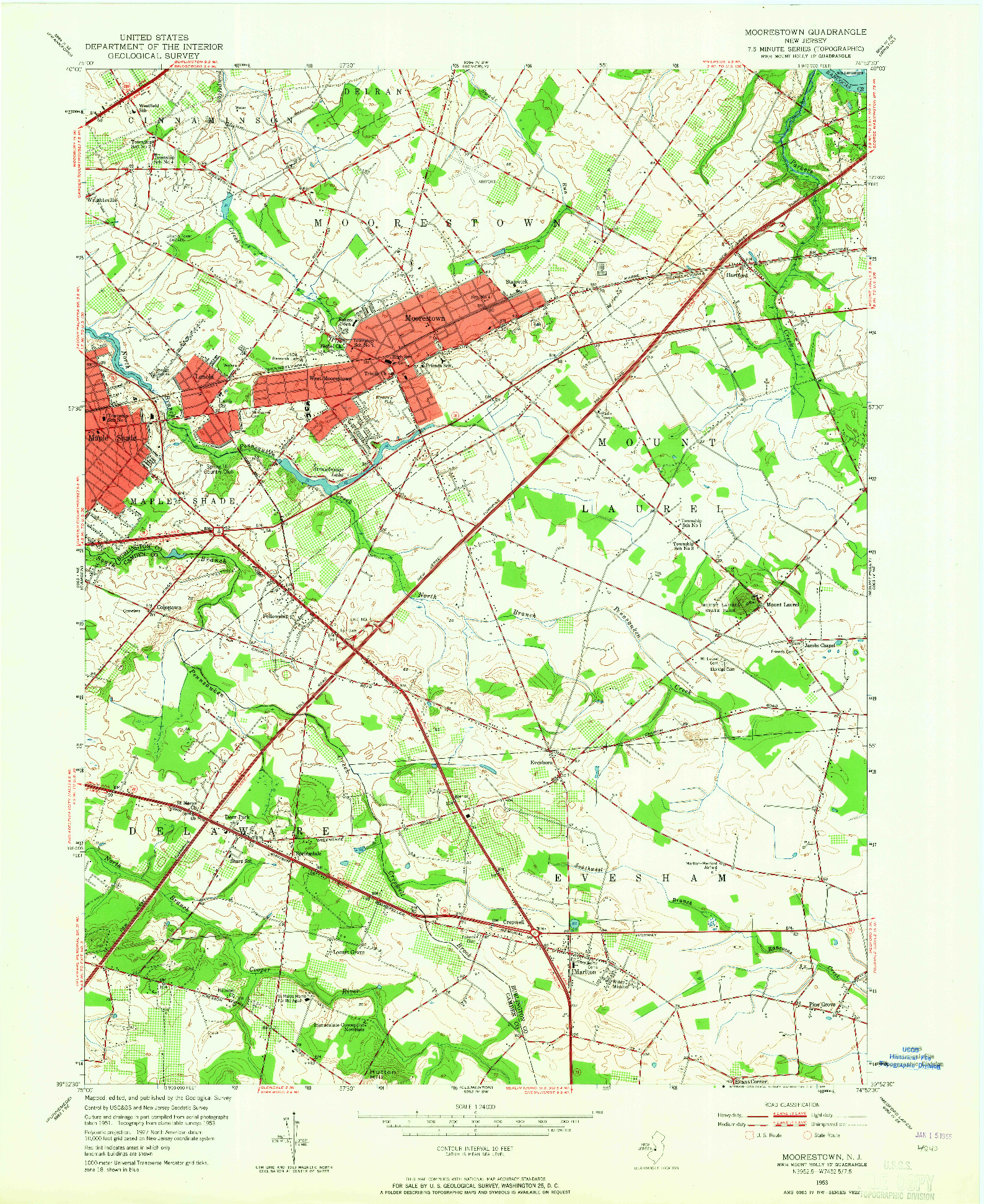 USGS 1:24000-SCALE QUADRANGLE FOR MOORESTOWN, NJ 1953