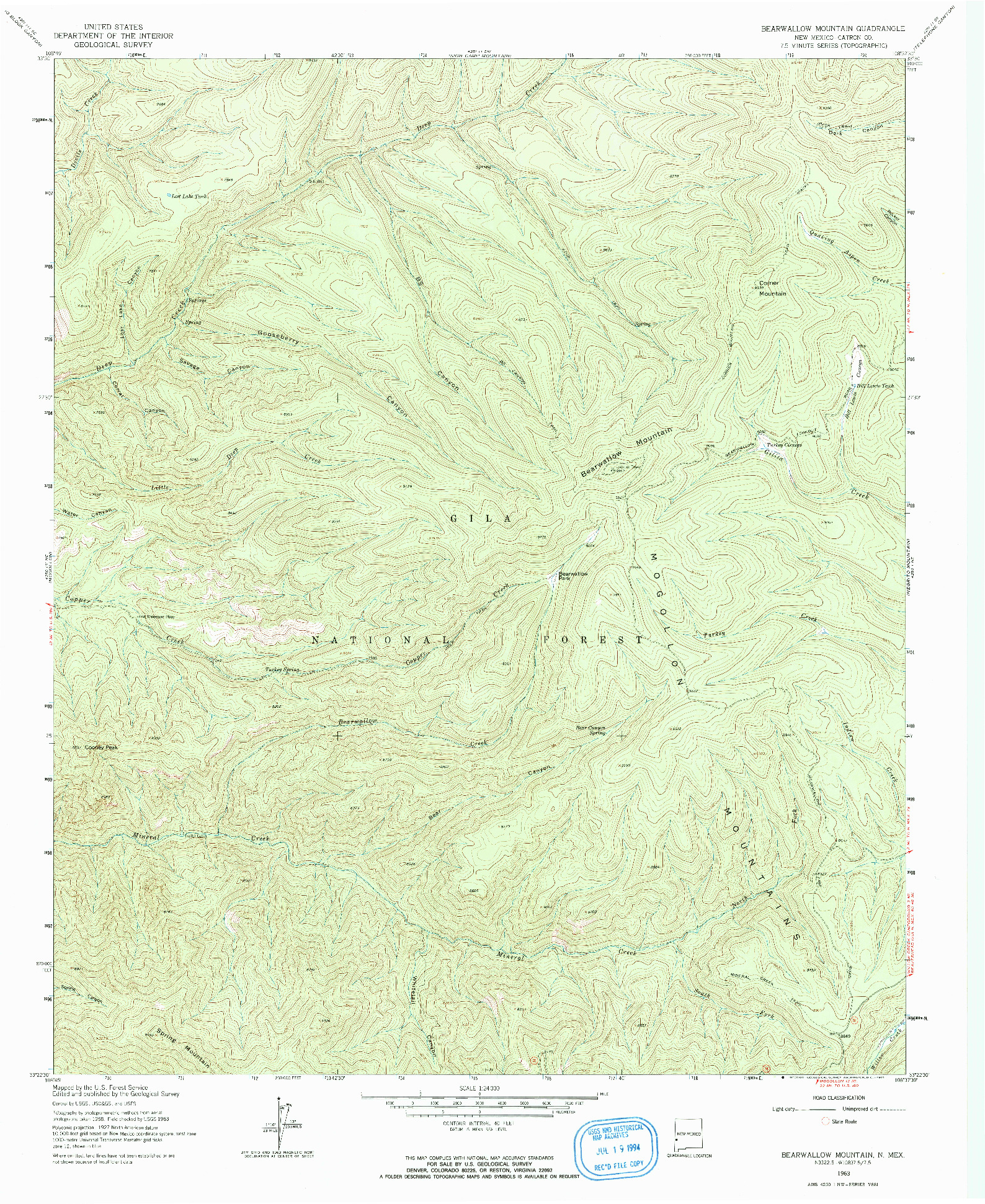 USGS 1:24000-SCALE QUADRANGLE FOR BEARWALLOW MOUNTAIN, NM 1963