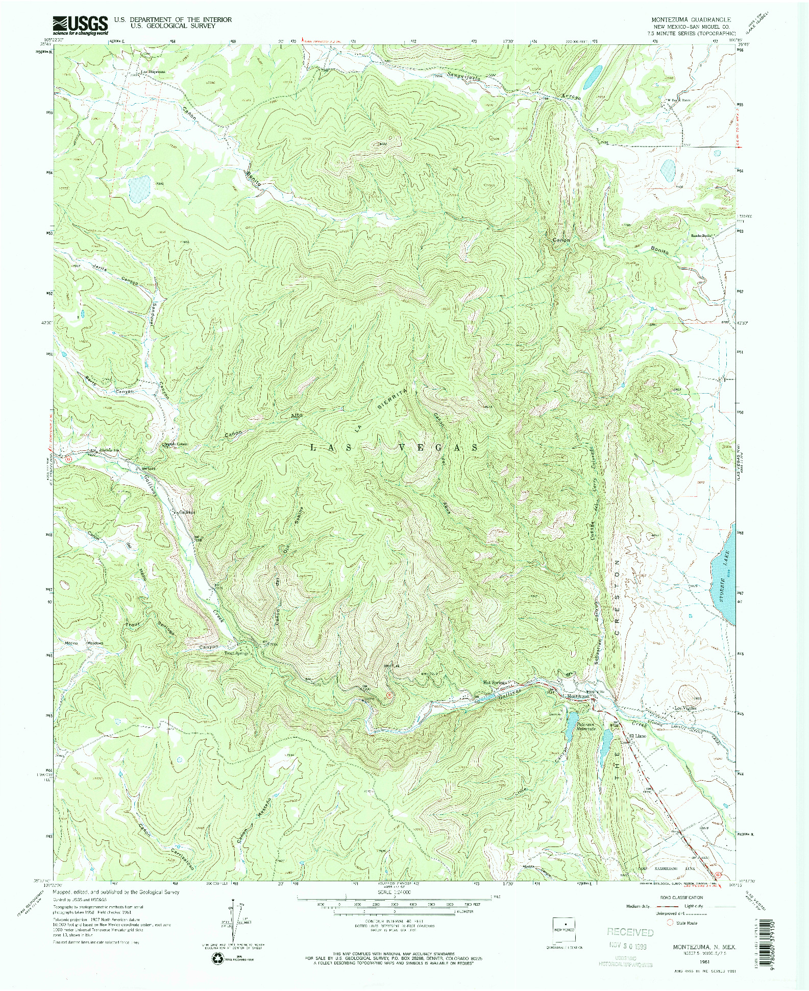 USGS 1:24000-SCALE QUADRANGLE FOR MONTEZUMA, NM 1961